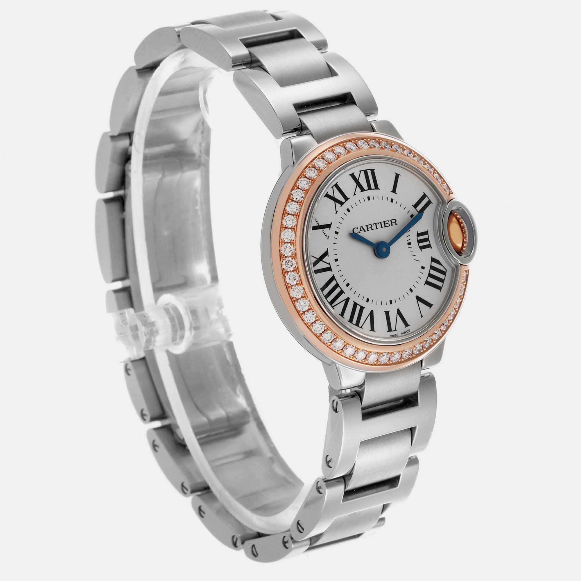 Cartier Ballon Bleu Steel Rose Gold Diamond Ladies Watch 28 Mm