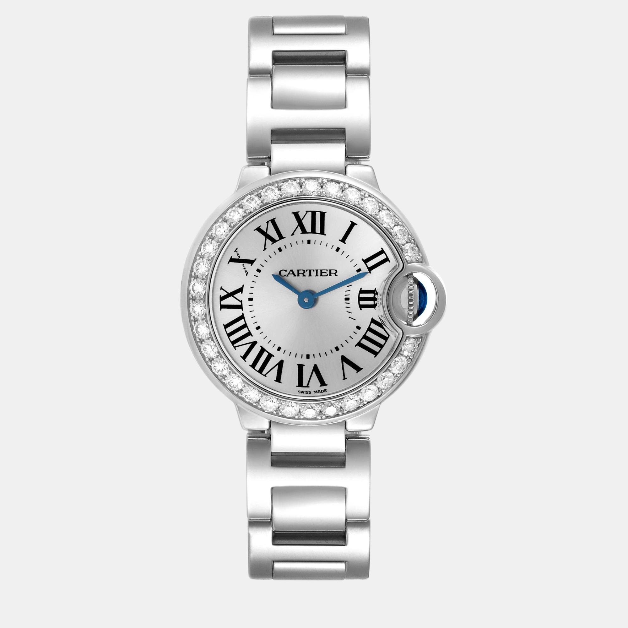 Cartier Ballon Blue Small White Gold Diamond Ladies Watch WE9003Z3 29 Mm