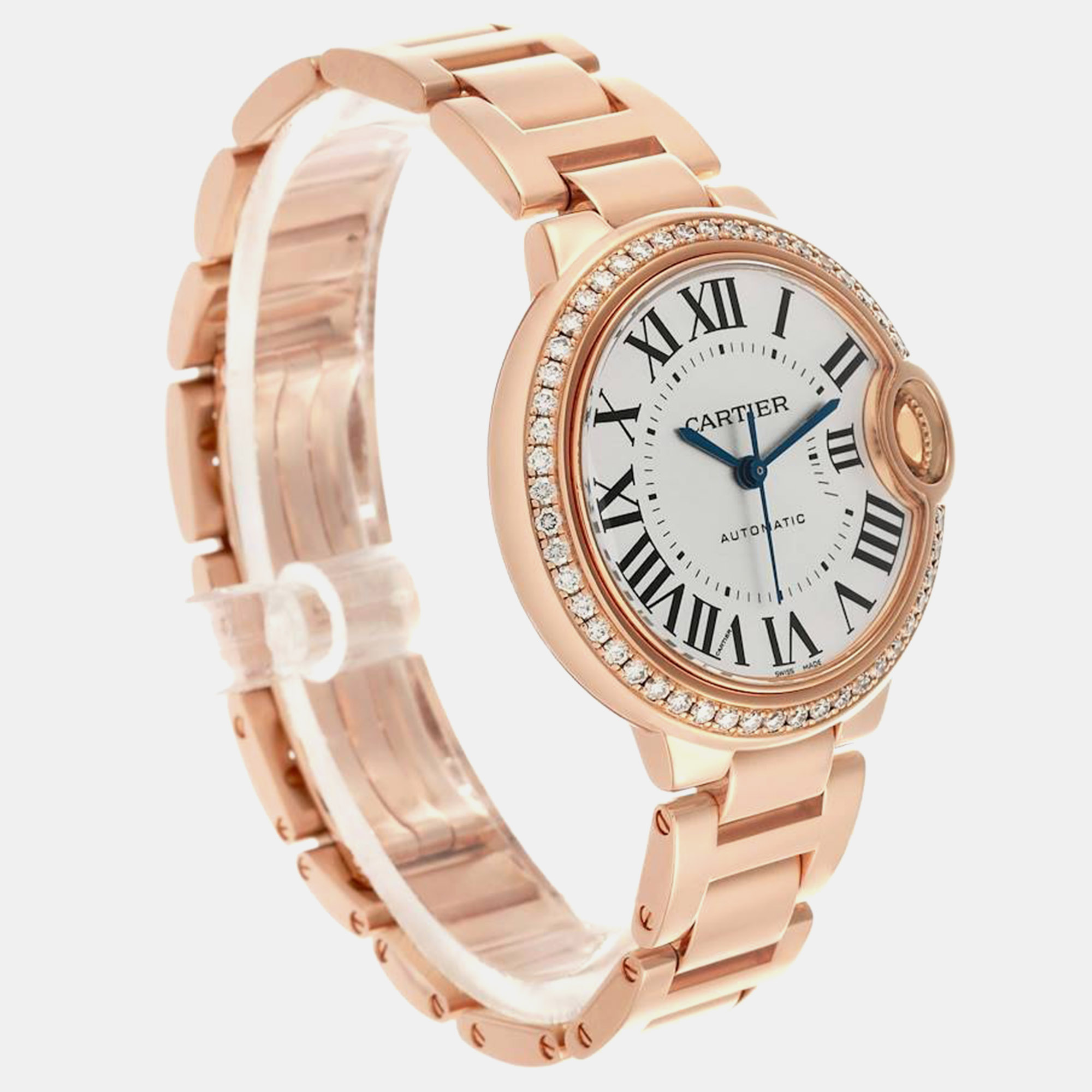 Cartier Ballon Bleu Rose Gold Silver Dial Diamond Ladies Watch 33.0 Mm