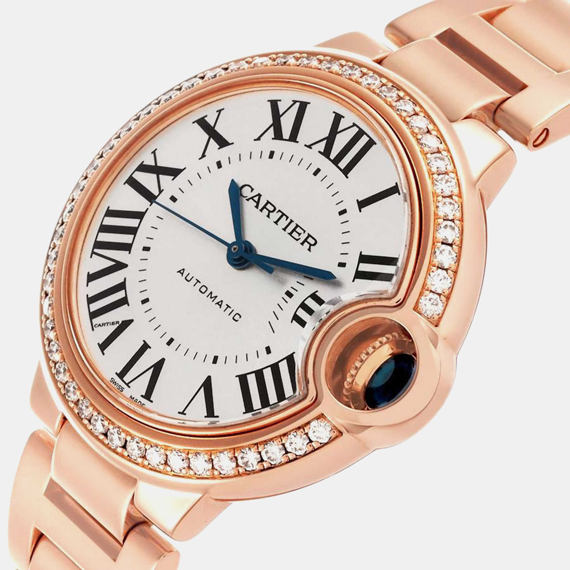 Cartier Ballon Bleu Rose Gold Silver Dial Diamond Ladies Watch 33.0 Mm