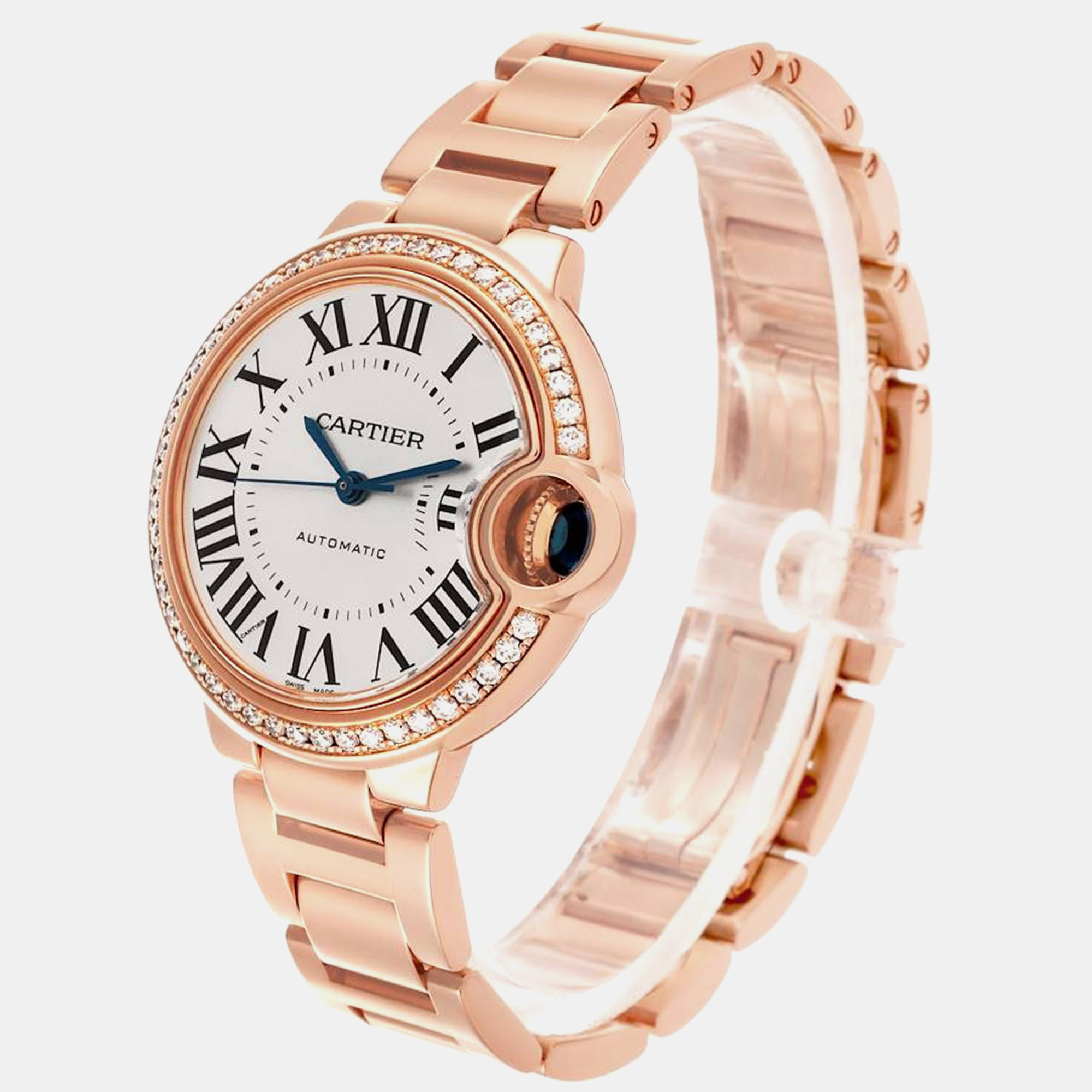 Cartier Ballon Bleu Rose Gold Silver Dial Diamond Ladies Watch 33.0 Mm