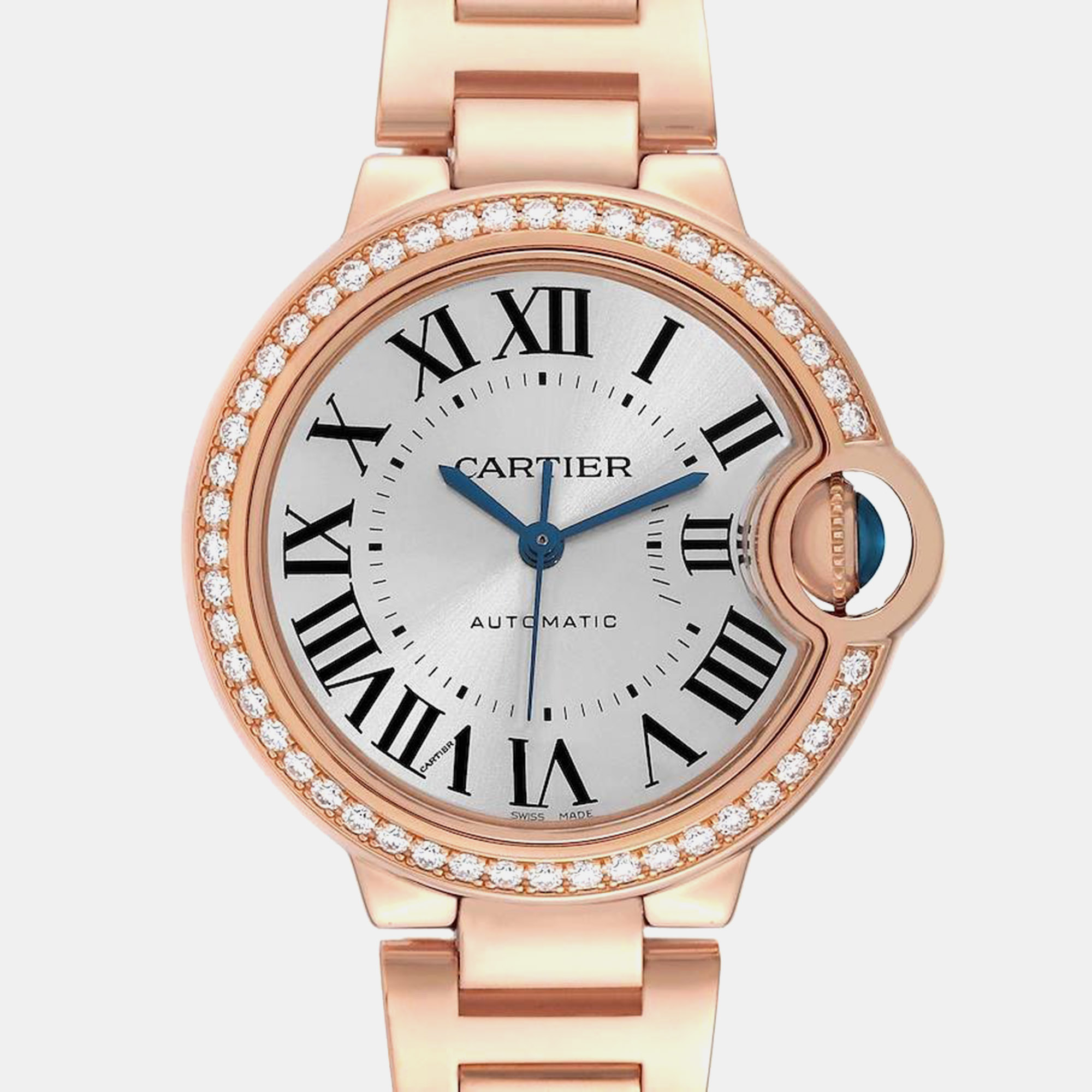 Cartier Ballon Bleu Rose Gold Silver Dial Diamond Ladies Watch 33.0 Mm