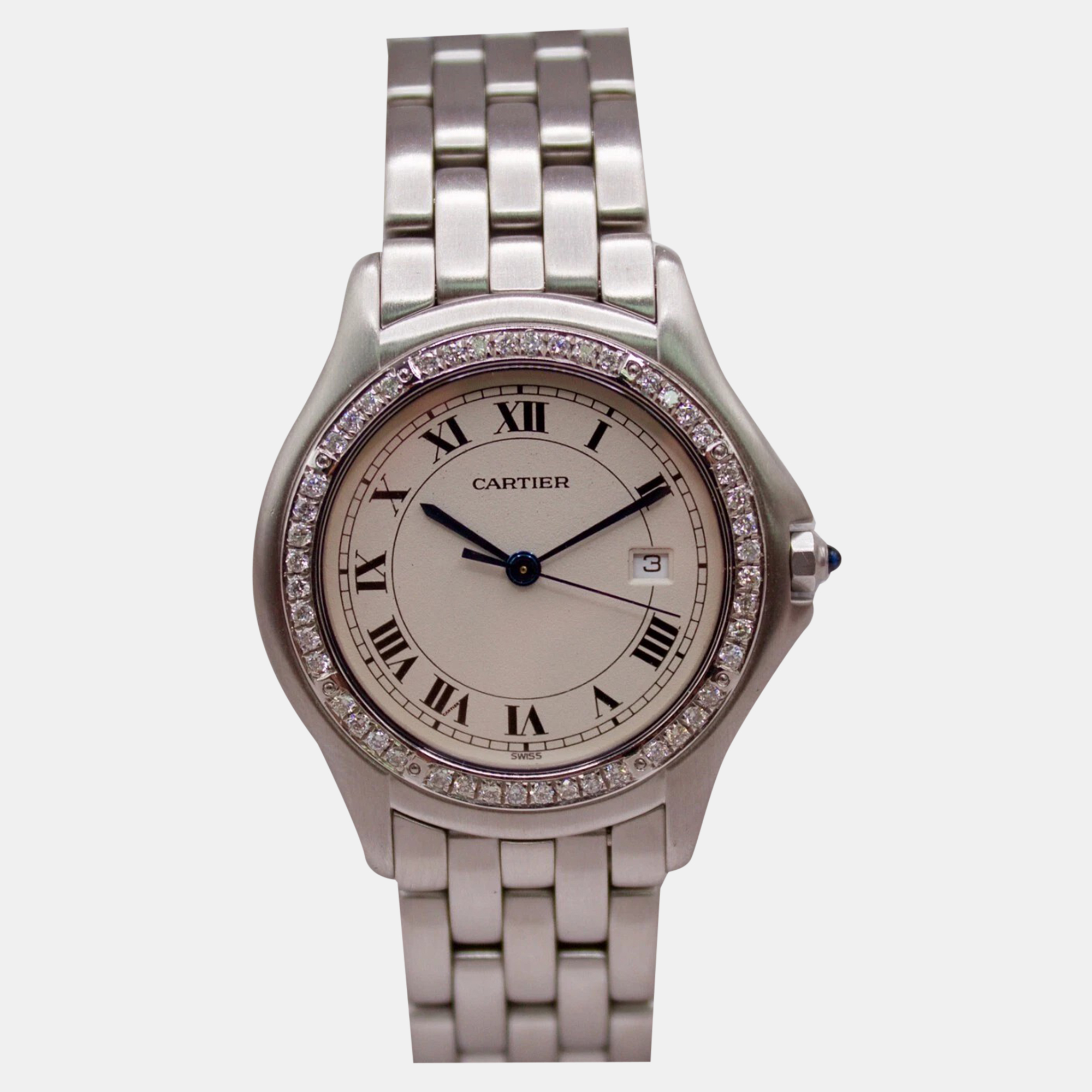 Cartier White Customised Diamond Stainless Steel Cougar Quartz Women's Wristwatch 33 mm
Cartier White Customised Diamond Stainless Steel Cougar Quartz Women's Wristwatch 33 mm