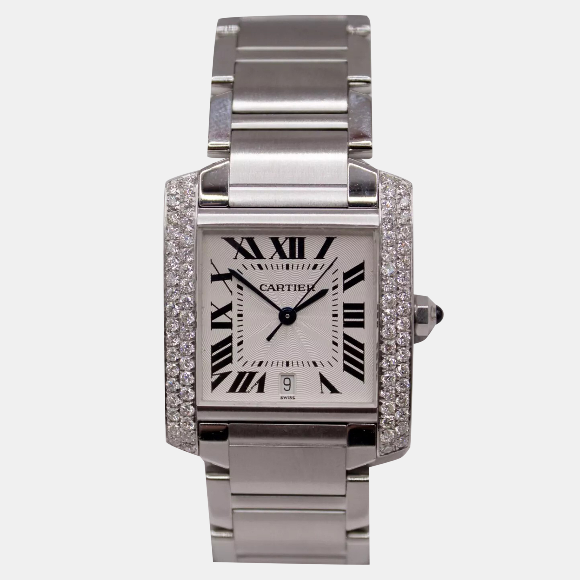 Cartier White Customised 1.40ct Diamond Stainless Steel Tank Francaise Automatic Women's Wristwatch 28 mm
Cartier White Customised 1.40ct Diamond Stainless Steel Tank Francaise Automatic Women's Wristwatch 28 mm