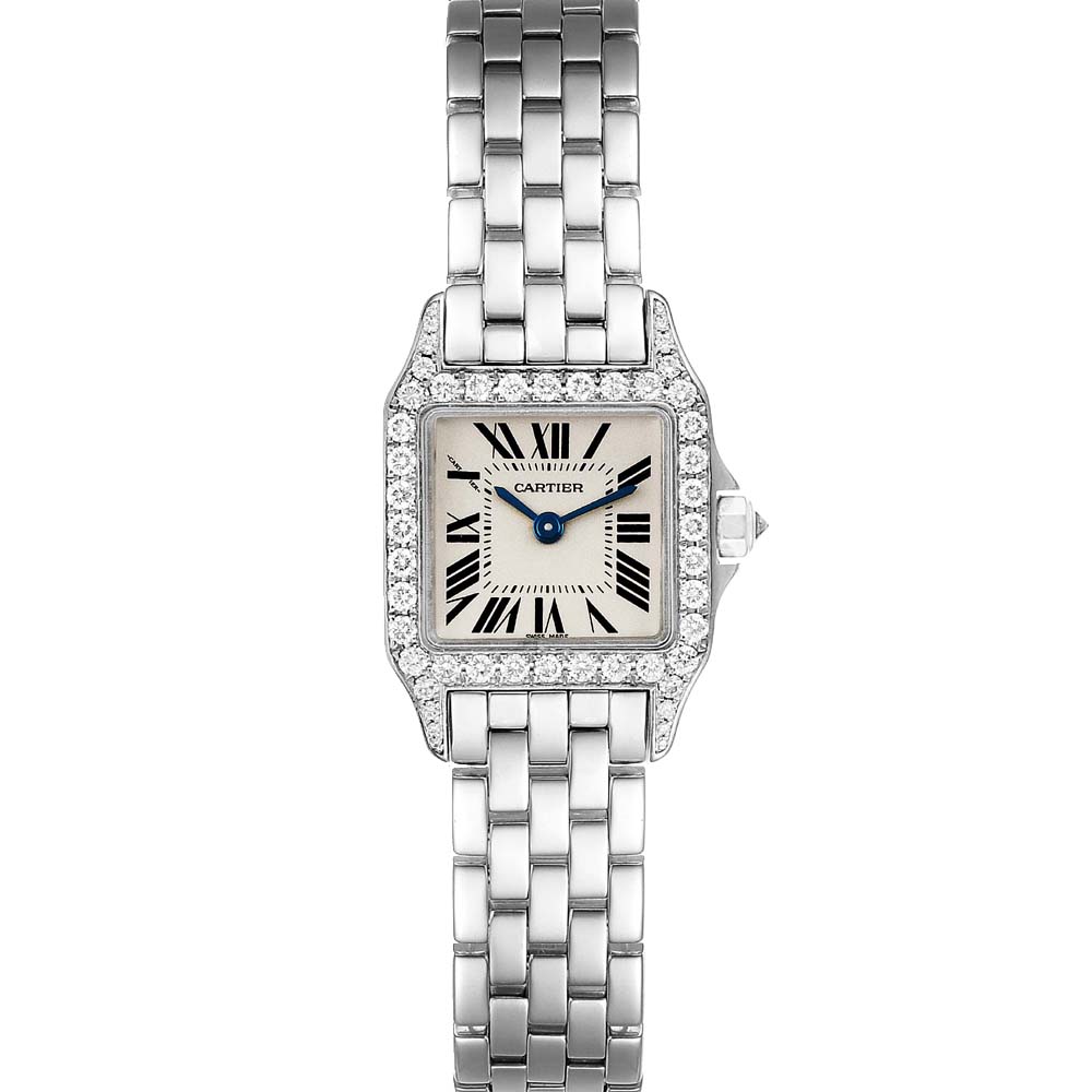 Cartier Silver Diamonds 18K White Gold Santos Demoiselle WF9005Y8 Women's Wristwatch 24 x 24 MM