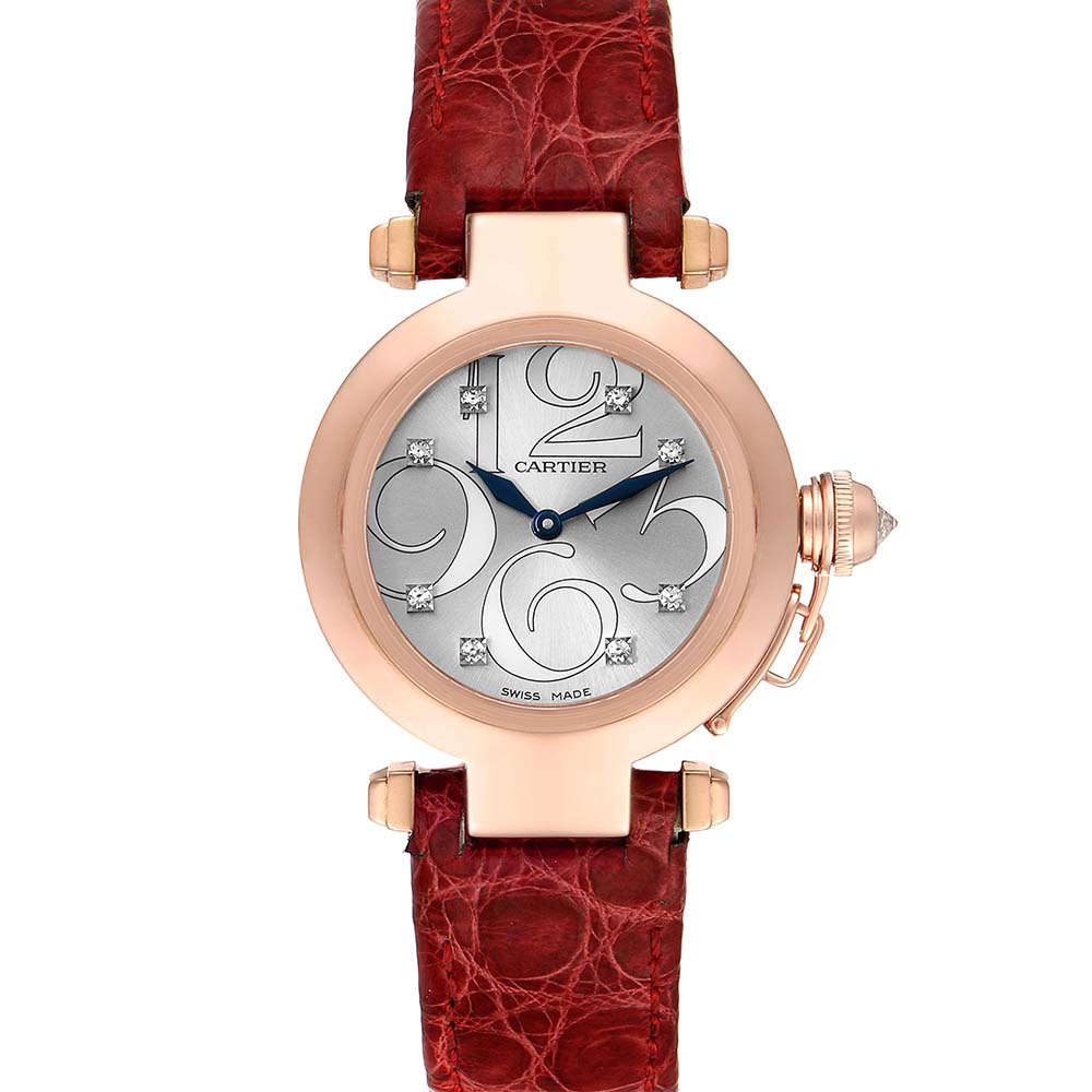 Cartier Silver Diamonds 18K Rose Gold Pasha 2812 Women's Wristwatch 32 MM