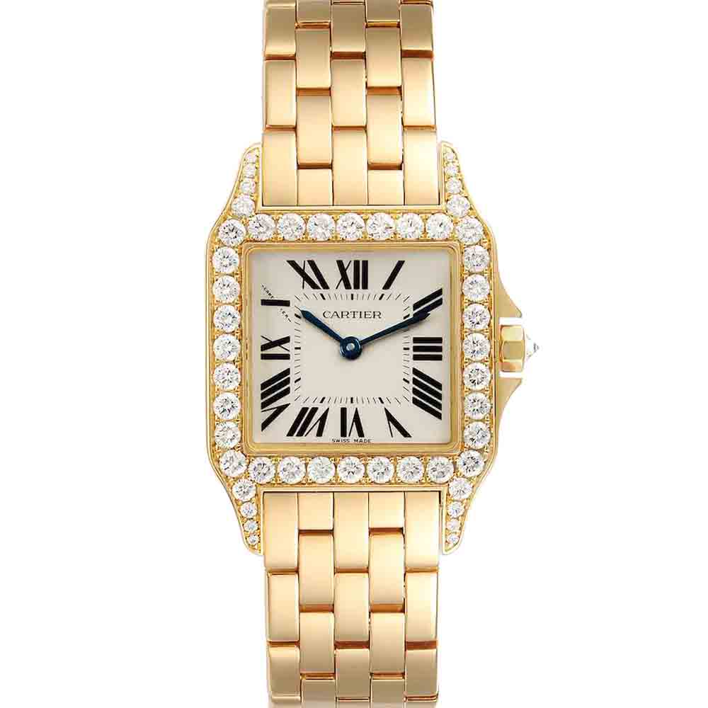 Cartier Silver Diamonds 18K Yellow Gold Santos Demoiselle WF9002Y7 Women's Wristwatch 26 MM