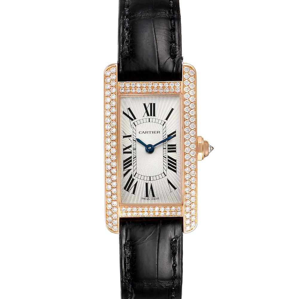 Cartier Silver Diamond 18K Rose Gold Tank Americaine 2503 Women's Wristwatch 19 x 28 MM