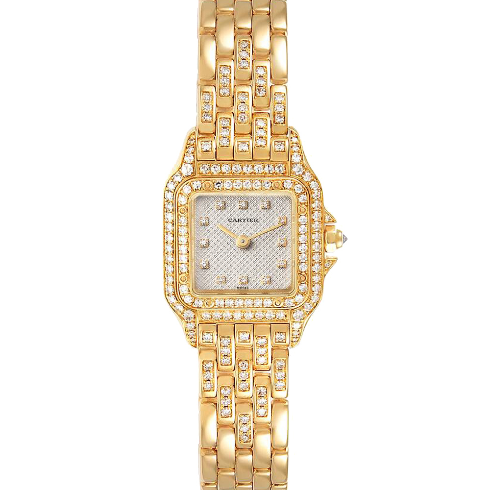 Cartier Silver Diamonds 18k Yellow Gold Panthere 1280 Women's Wristwatch 22 x 22 MM