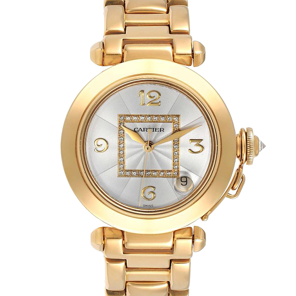 Cartier Silver Diamonds 18K Yellow Gold Pasha GMT WJ1110H9 Women's Wristwatch 35 MM