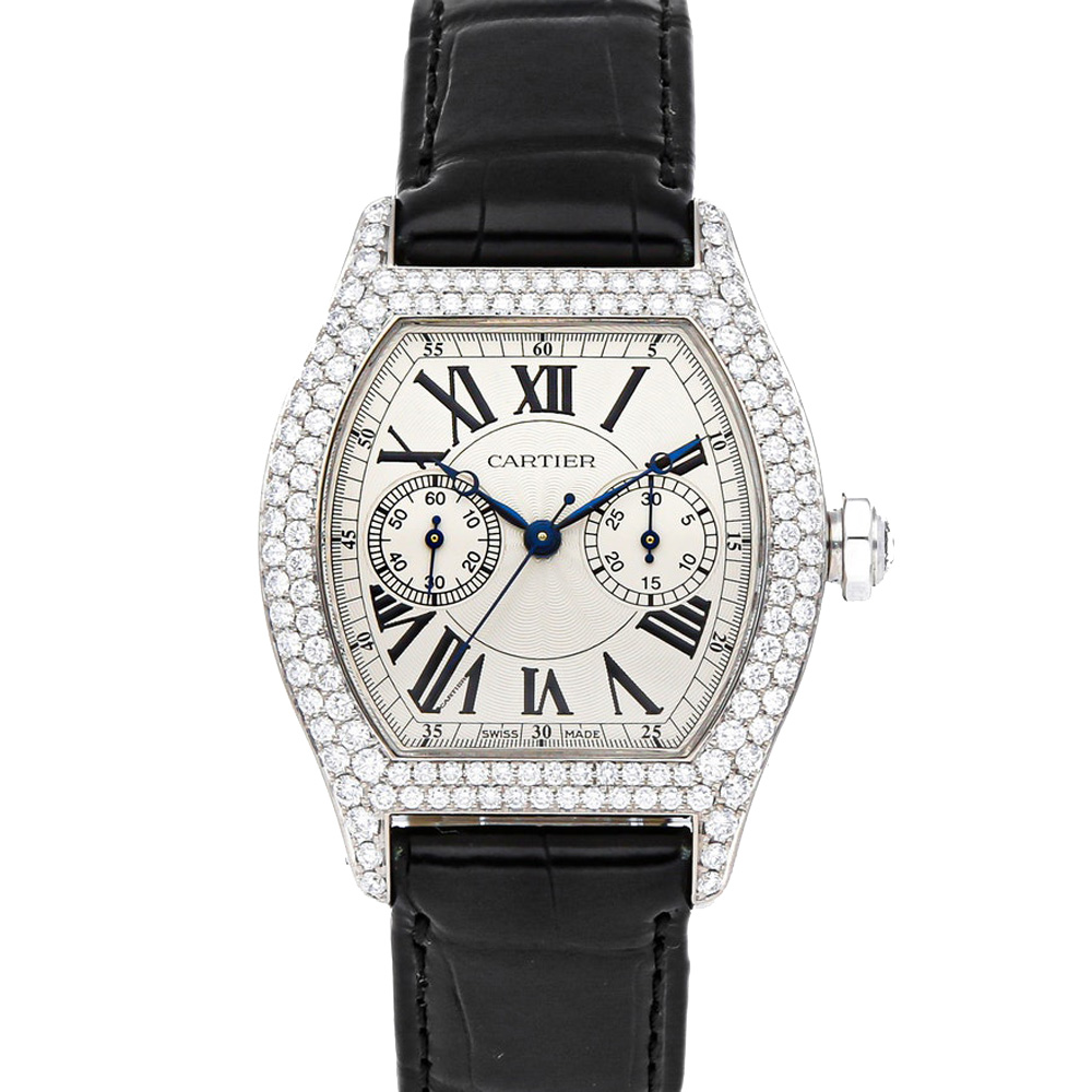 Cartier Silver Diamonds 18K White Gold Tortue Monopoussoir WA506351 Women's Wristwatch 34 x 43 MM