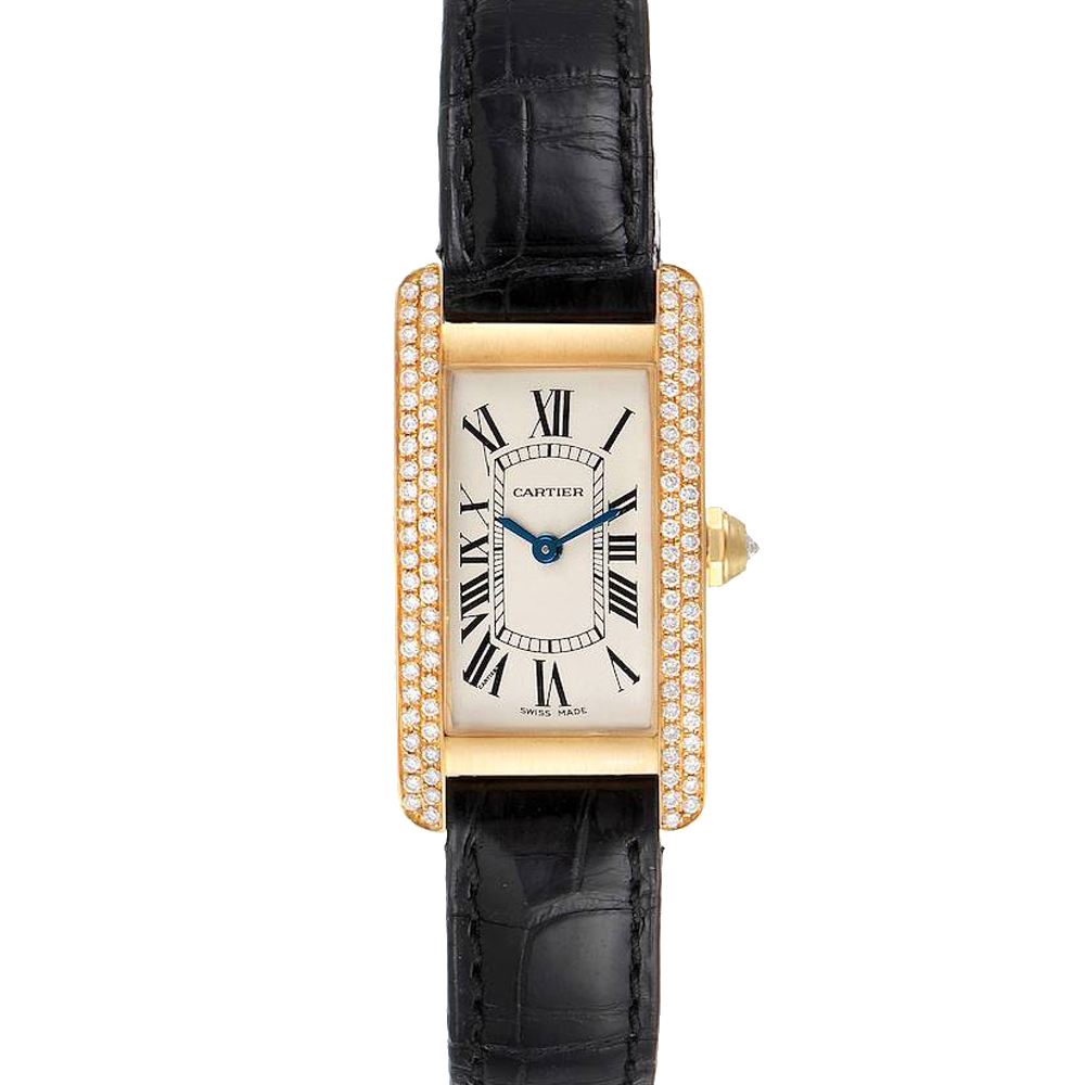 Cartier Silver Diamonds 18K Yellow Gold Tank Americaine WB701251 Women's Wristwatch 19 x 35 MM