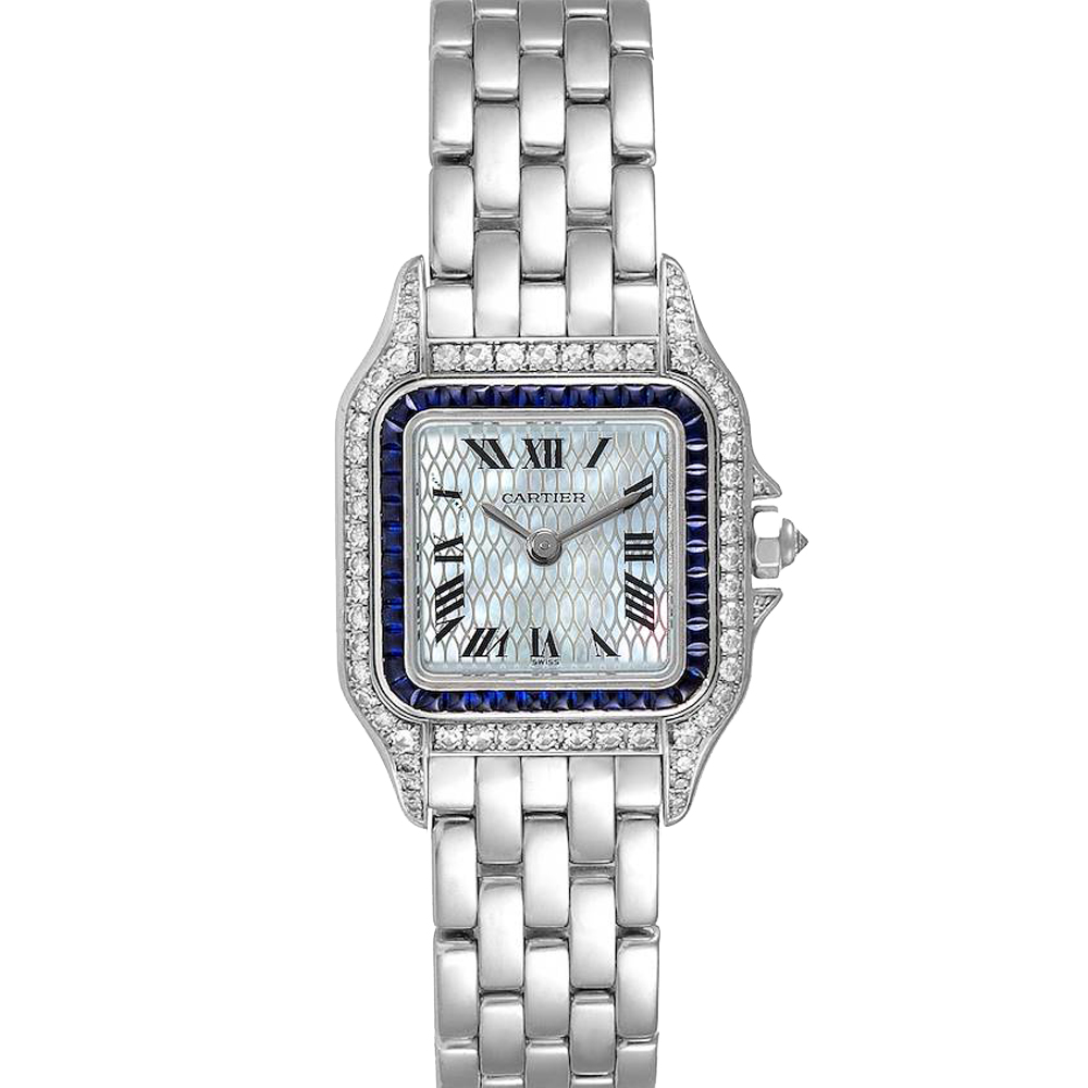 Cartier Silver Sapphire Diamonds 18k White Gold Panthere 2362 Women's Wristwatch 22 MM
