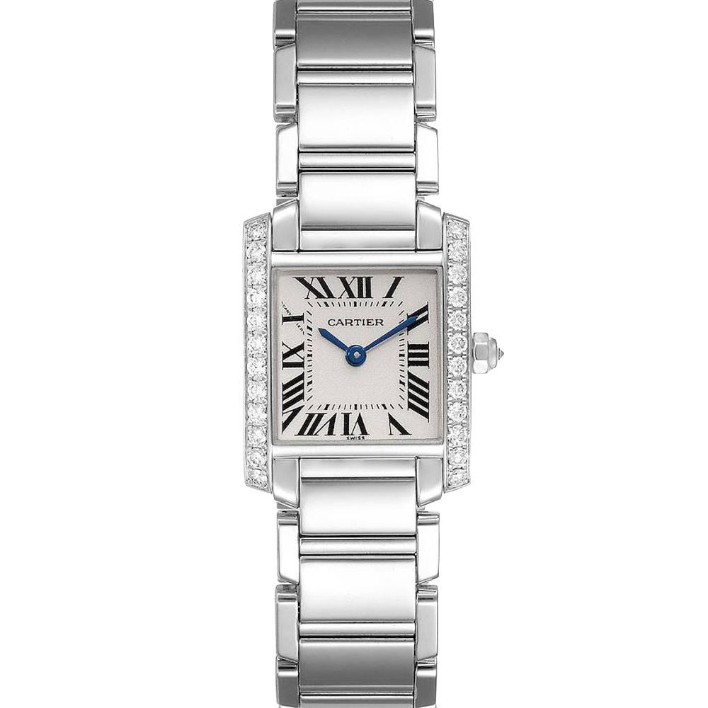 Cartier Silver Diamonds 18K White Gold Tank Francaise WE1002S3 Women's Wristwatch 20 x 25 MM
