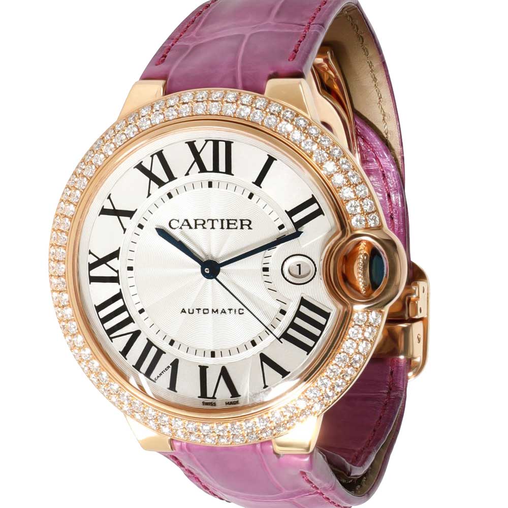 Cartier silver diamonds 18k rose gold ballon bleu we900851 women's wristwatch 42 mm