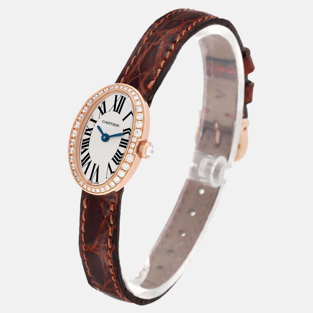 Cartier Silver Diamonds 18K Rose Gold Baignoire WB520028 Women's Wristwatch 20 Mm