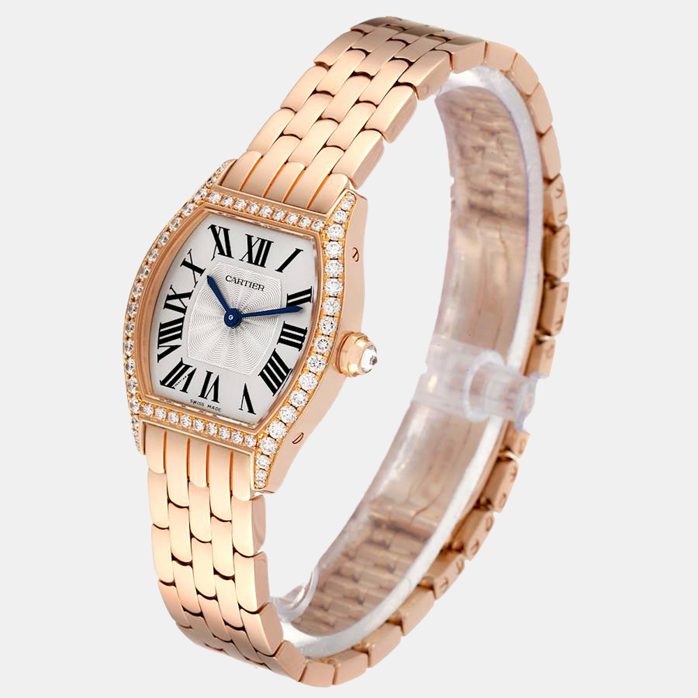 Cartier Silver Diamond 18k Rose Gold Tortue WA501010 Manual Winding Women's Wristwatch 24 Mm