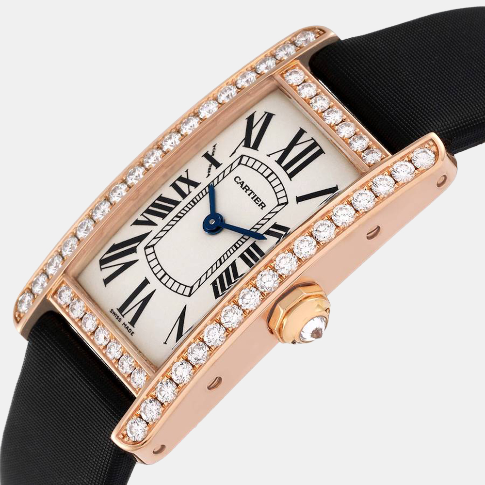 Cartier Silver Diamond 18k Rose Gold Tank Americaine WJTA0002 Quartz Women's Wristwatch 19 Mm