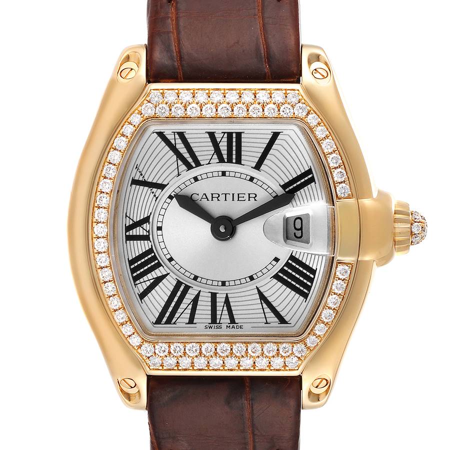 Cartier Silver Diamond 18k Yellow Gold Roadster WE500160 Quartz Women's Wristwatch 37 Mm