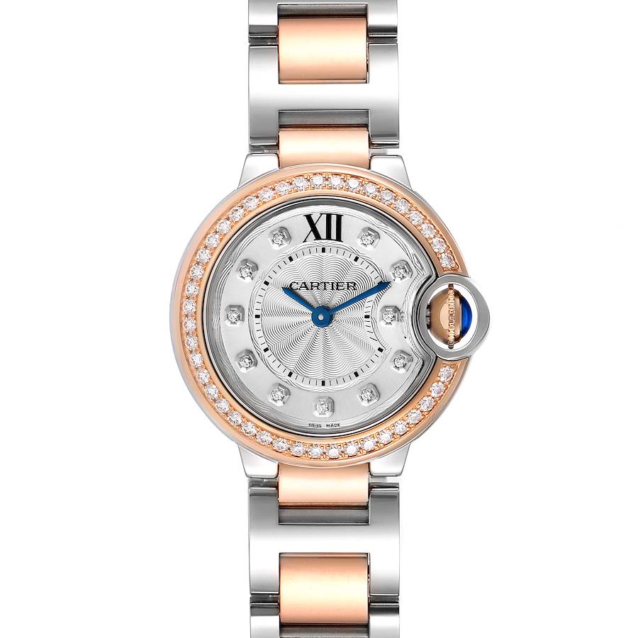 Cartier Silver Diamond 18k Rose Gold And Stainless Steel Ballon Bleu W3BB0009 Quartz Women's Wristwatch 28 Mm