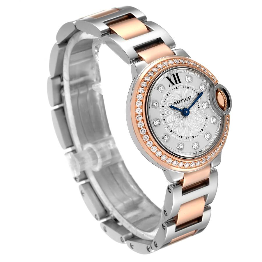 Cartier Silver Diamond 18k Rose Gold And Stainless Steel Ballon Bleu W3BB0009 Quartz Women's Wristwatch 28 Mm