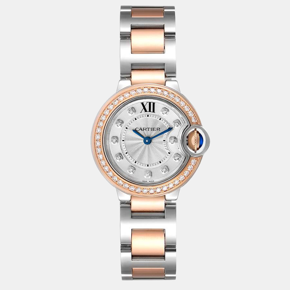 Cartier silver diamond 18k rose gold and stainless steel ballon bleu w3bb0009 quartz women's wristwatch 28 mm