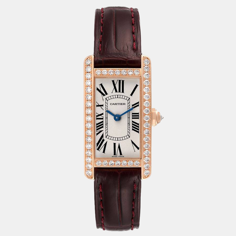 Cartier Silver 18k Rose Gold Tank Americaine WJTA0002 Quartz Women's Wristwatch 19 Mm