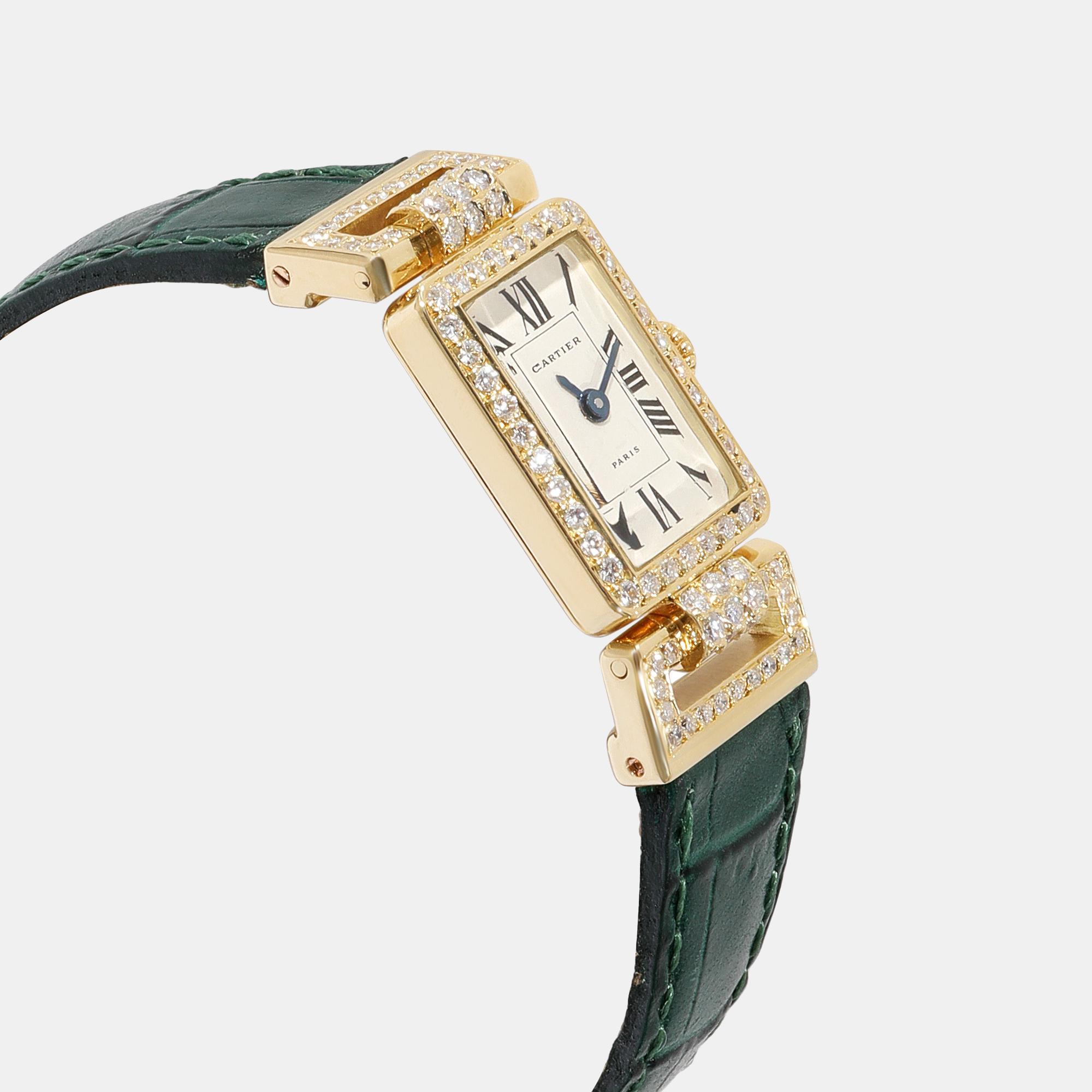 Cartier Silver Diamonds 18K Yellow Gold Tank Art Deco Women's Wristwatch 13.5 Mm
