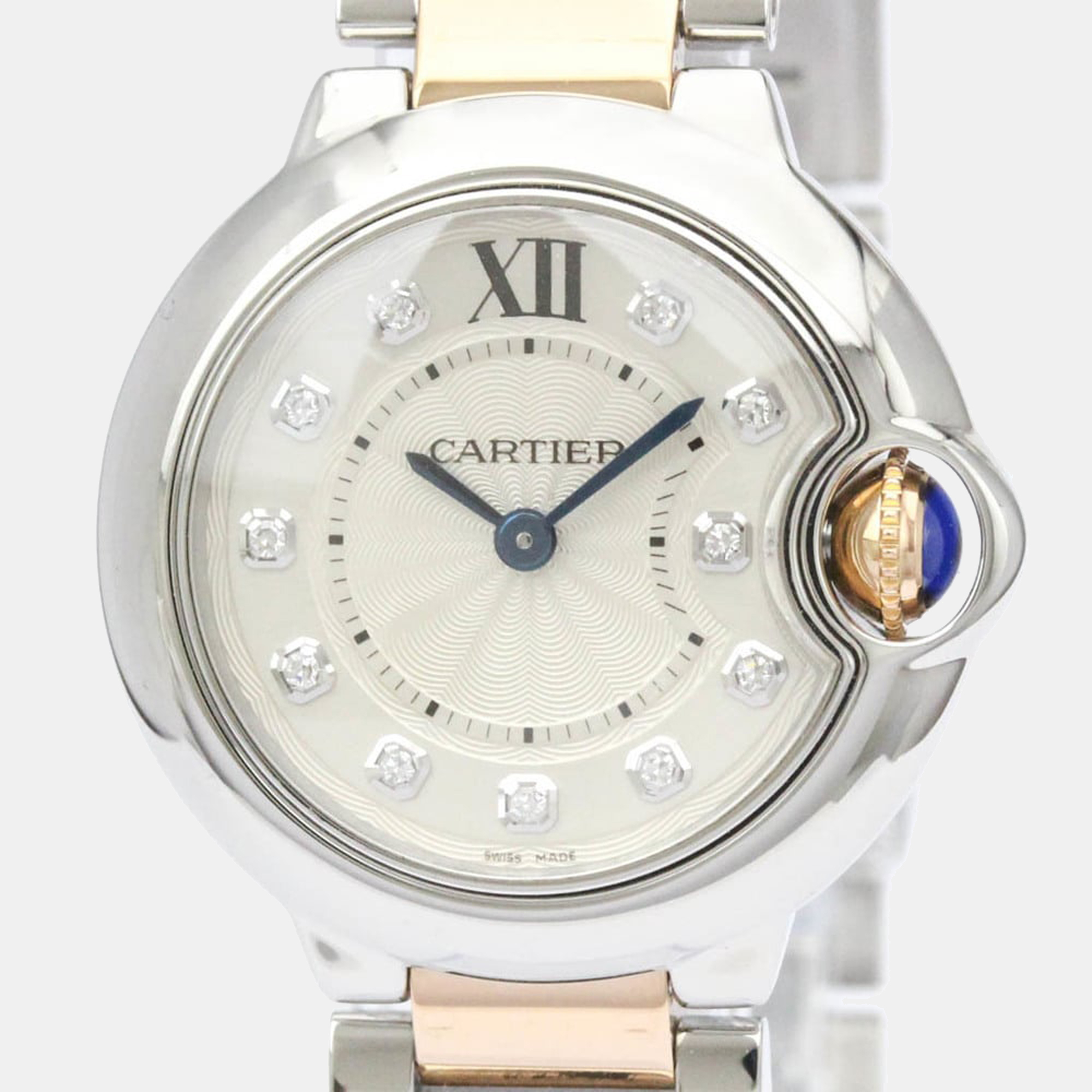 Cartier Silver Diamonds 18K Rose Gold And Stainless Steel Ballon Bleu WE902030 Women's Wristwatch 28 Mm