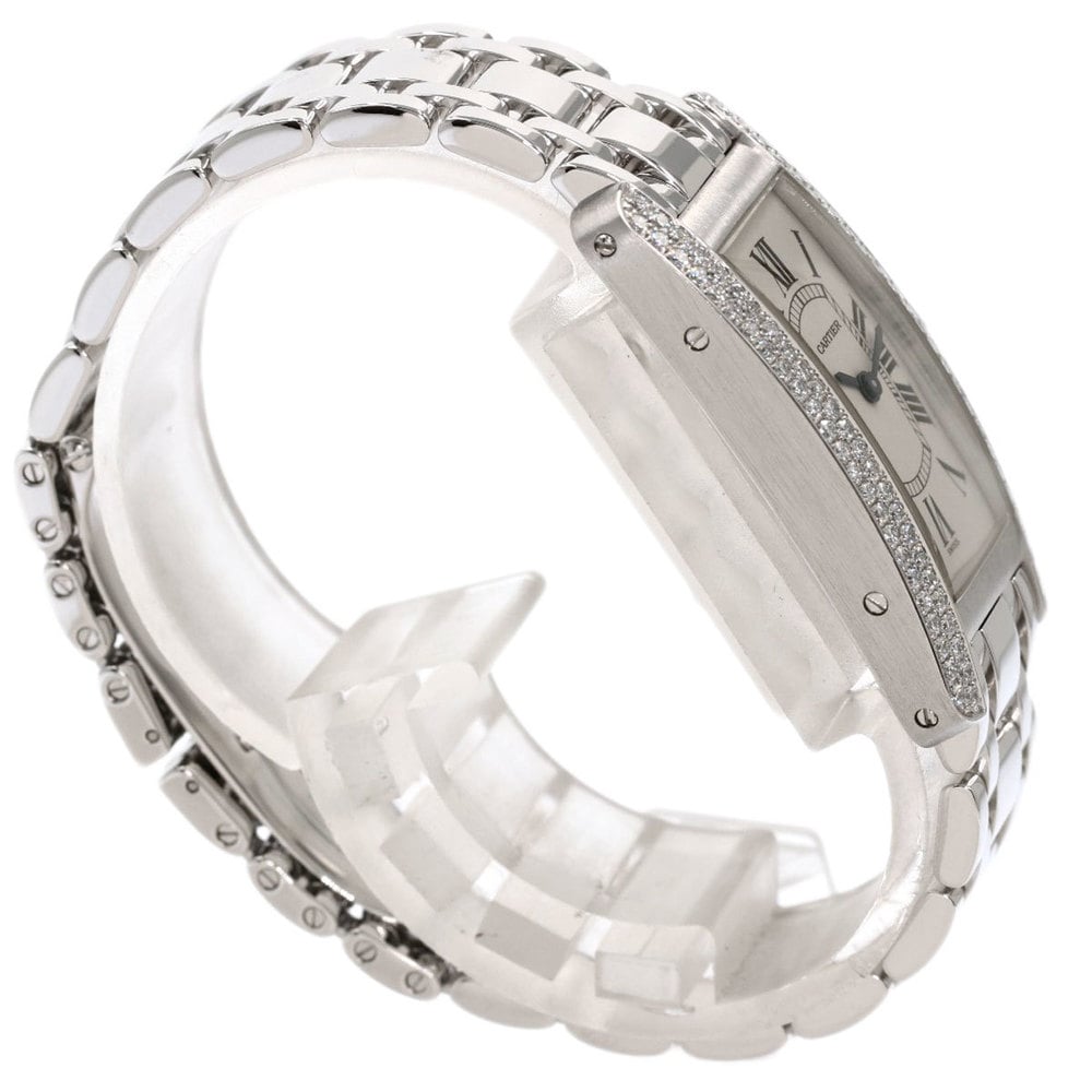 Cartier Silver Diamonds 18K White Gold Tank Americaine Women's Wristwatch 19 Mm
