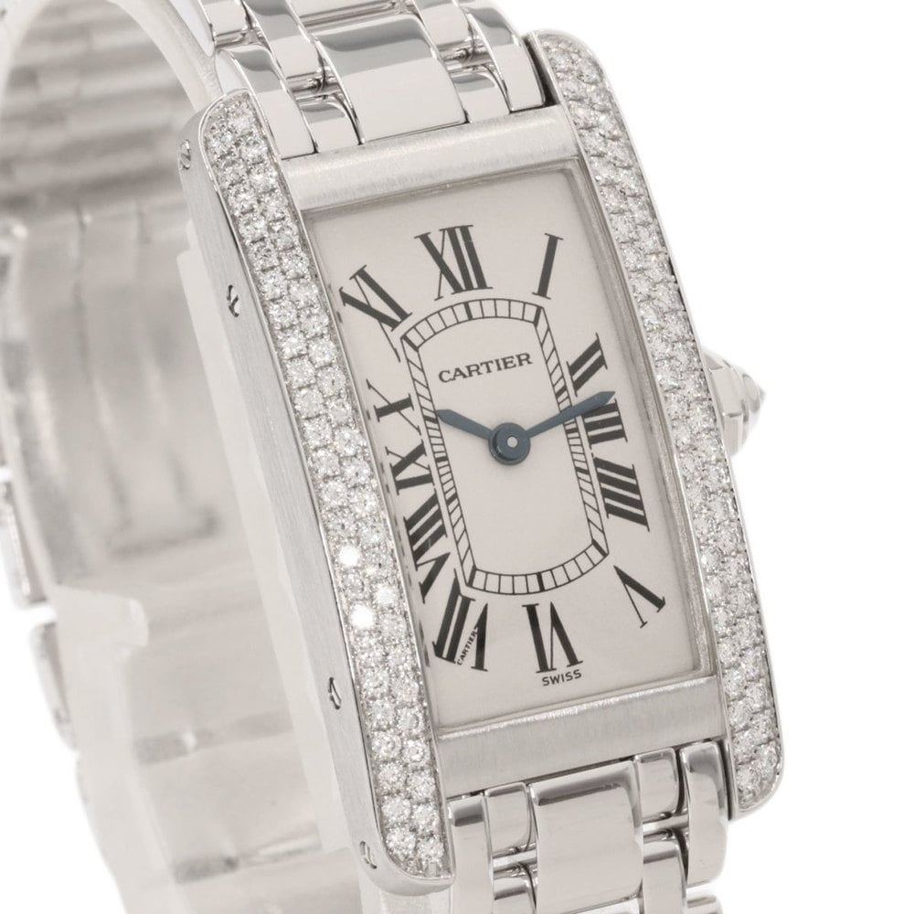 Cartier Silver Diamonds 18K White Gold Tank Americaine Women's Wristwatch 19 Mm