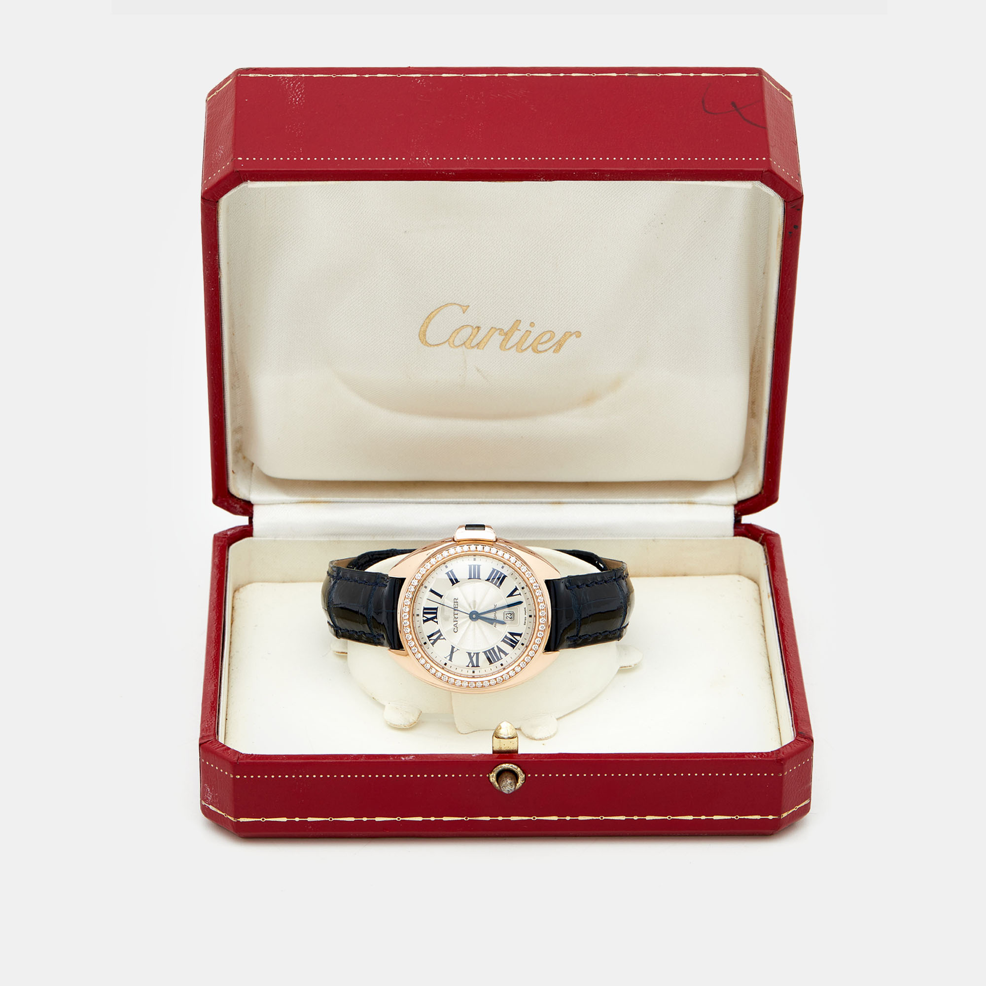 Cartier Silver Diamond 18K Rose Gold Alligator Leather Clé De Cartier WJCL0047 Women's Wristwatch 31 Mm