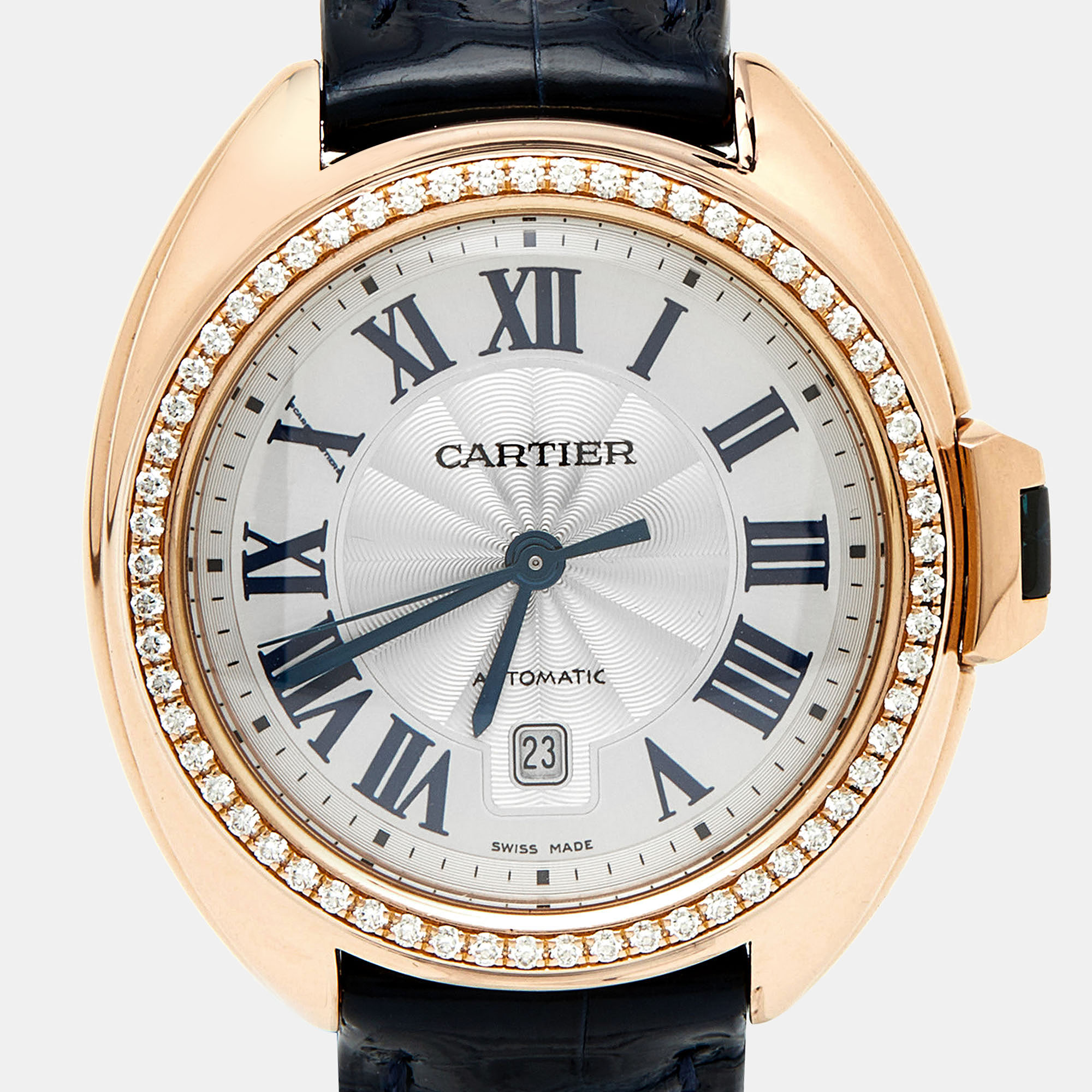 Cartier Silver Diamond 18K Rose Gold Alligator Leather Clé De Cartier WJCL0047 Women's Wristwatch 31 Mm