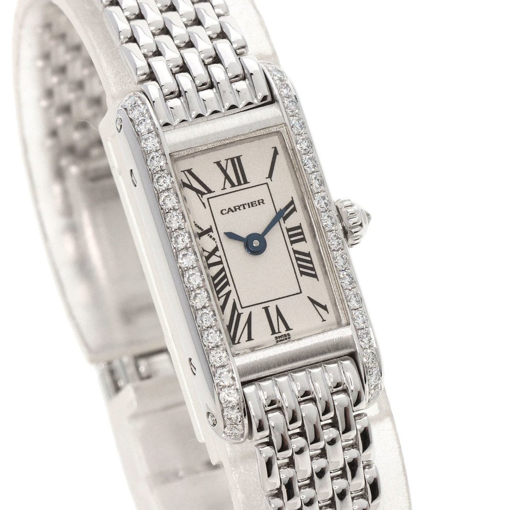 Cartier Silver Diamonds 18K White Gold Tank Americaine WB3026U3 Women's Wristwatch 14 Mm