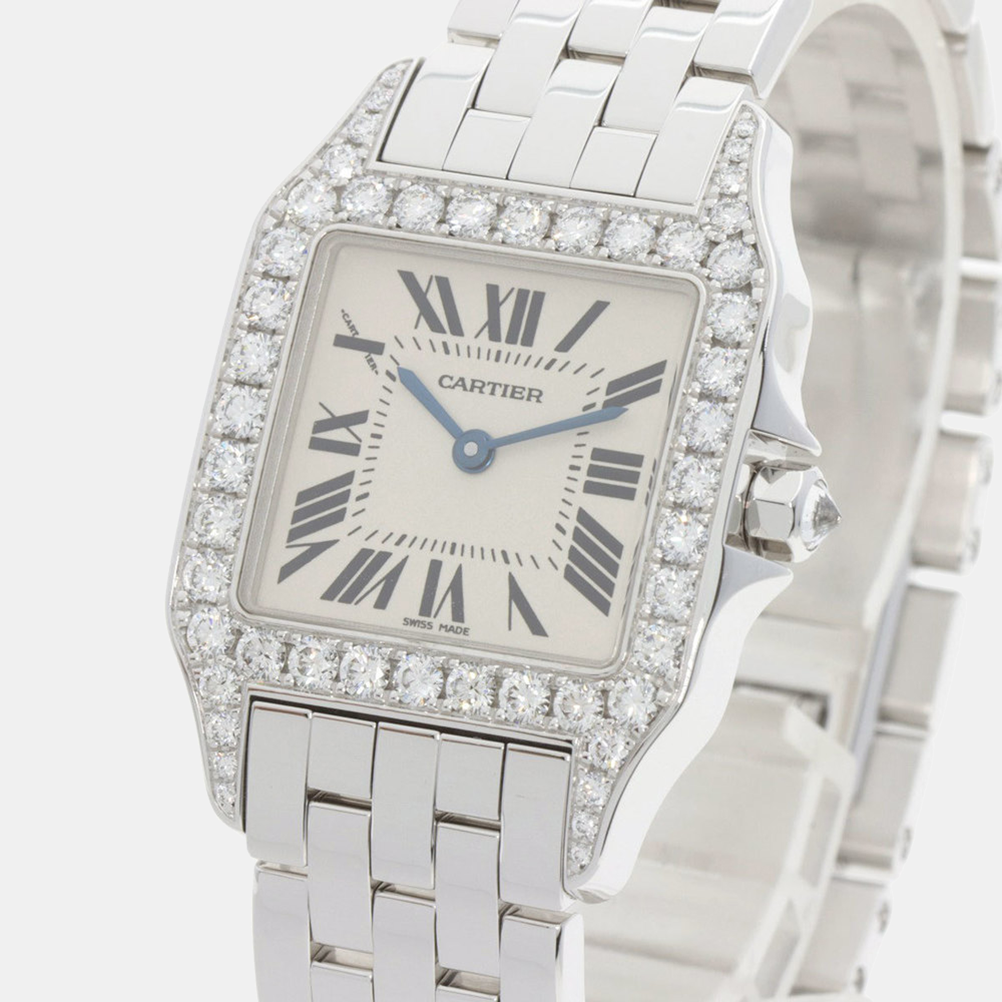 Cartier Ivory 18K White Gold And Diamond Santos Demoiselle WF9004Y8 Quartz Women's Wristwatch 26mm