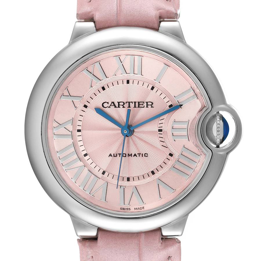 Cartier Ballon Bleu Pink Dial Leather Strap Steel Ladies Watch WSBB0007