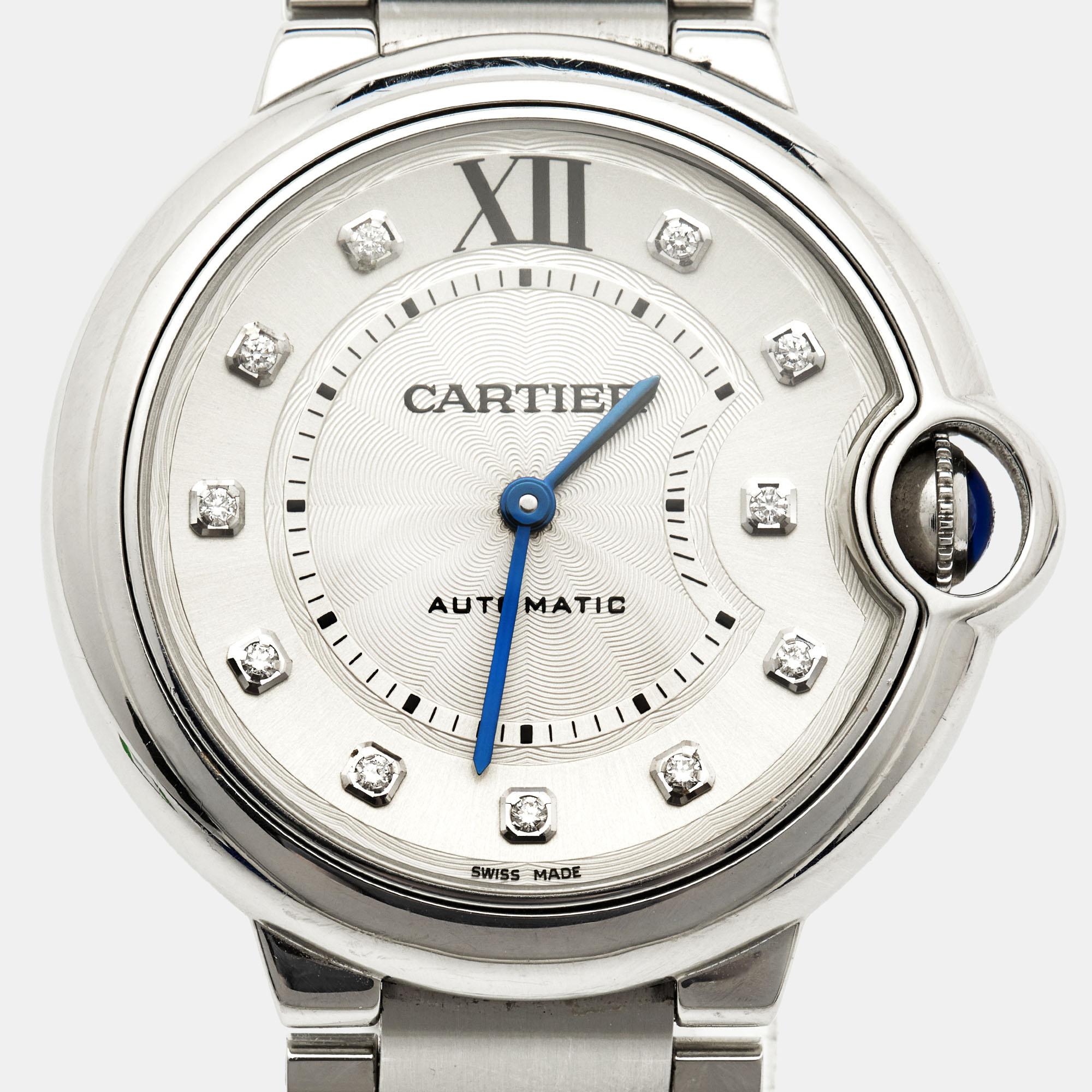 Cartier Silver Diamond Stainless Steel Ballon Bleu WE902075 Women's Wristwatch 36 Mm