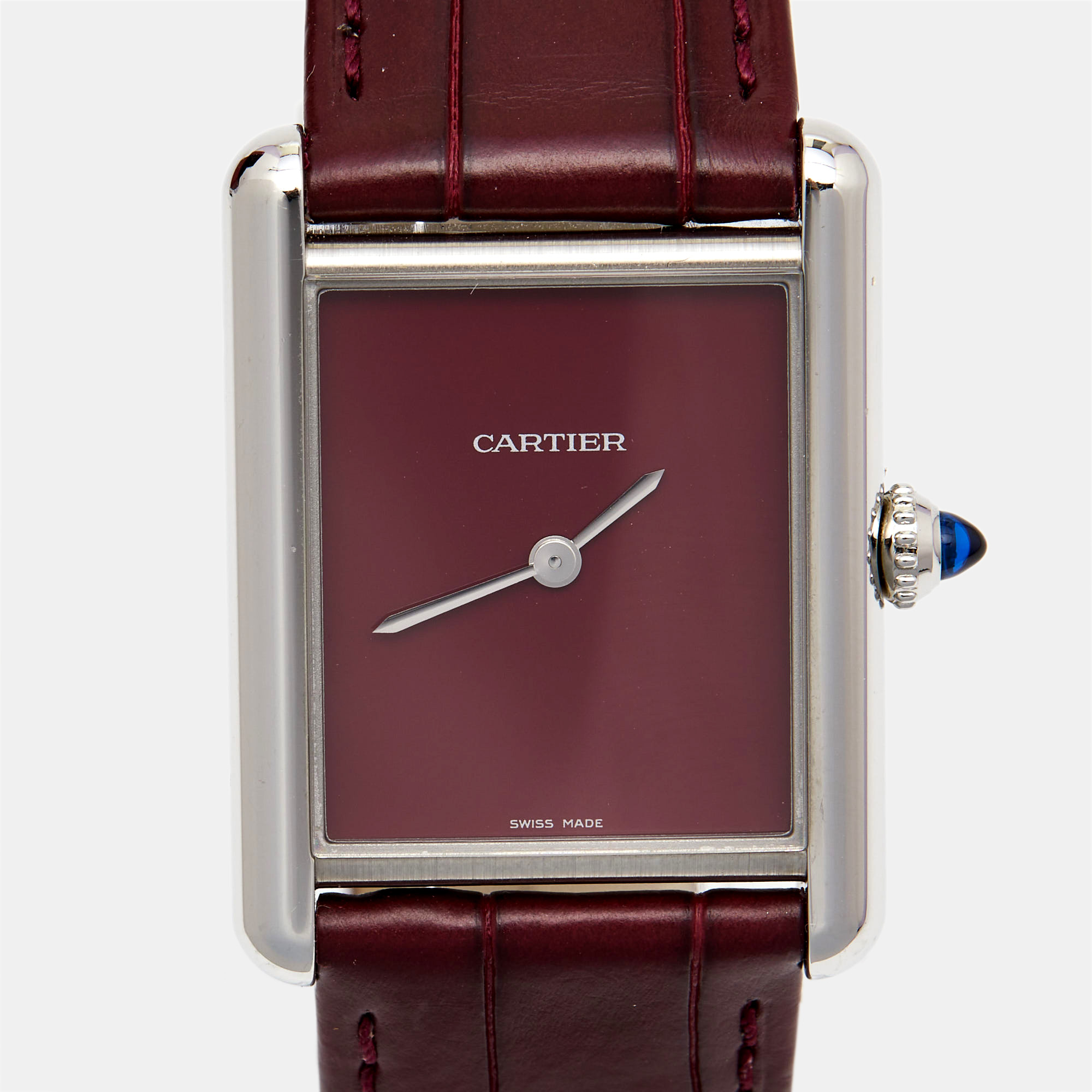 Cartier Claret Stainless Steel Alligator Leather Tank Must WSTA0054 Women's Wristwatch 25.50 Mm