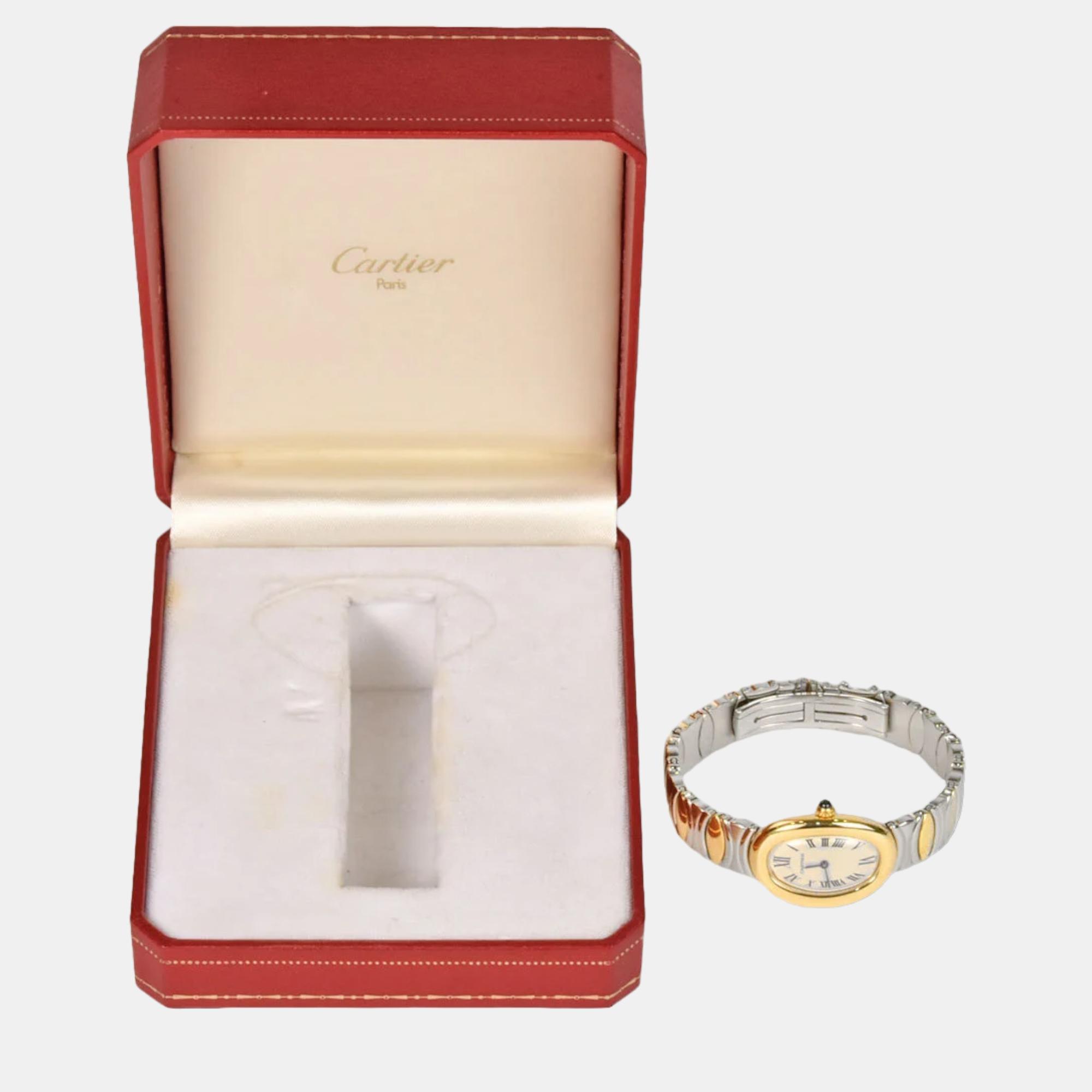 Cartier White 18k Yellow Gold And Stainless Steel Baignoire K18YG Quartz Women's Wristwatch 23 Mm