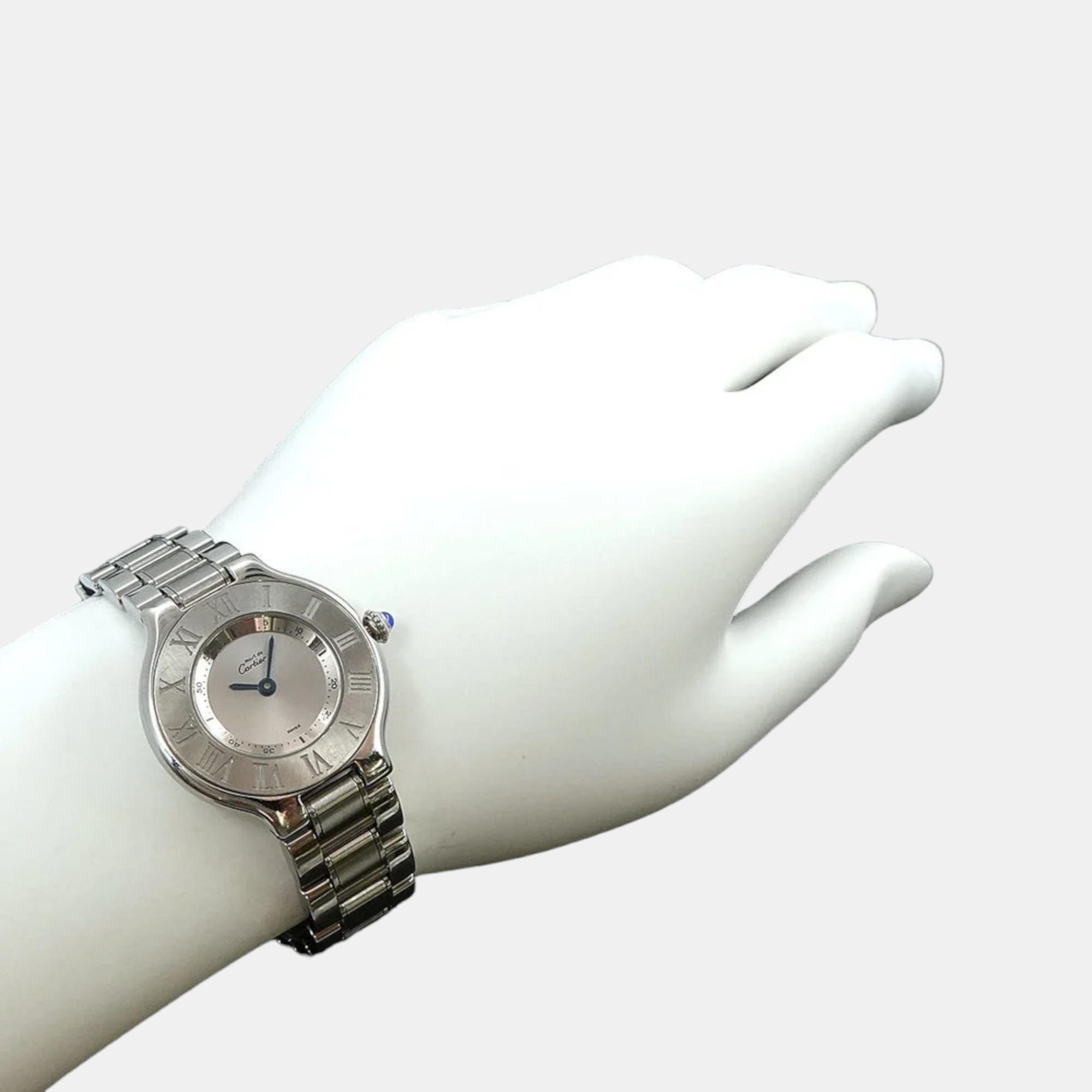Cartier Silver Stainless Steel Must 21 De Cartier W10109T2 Quartz Women's Wristwatch 28 Mm