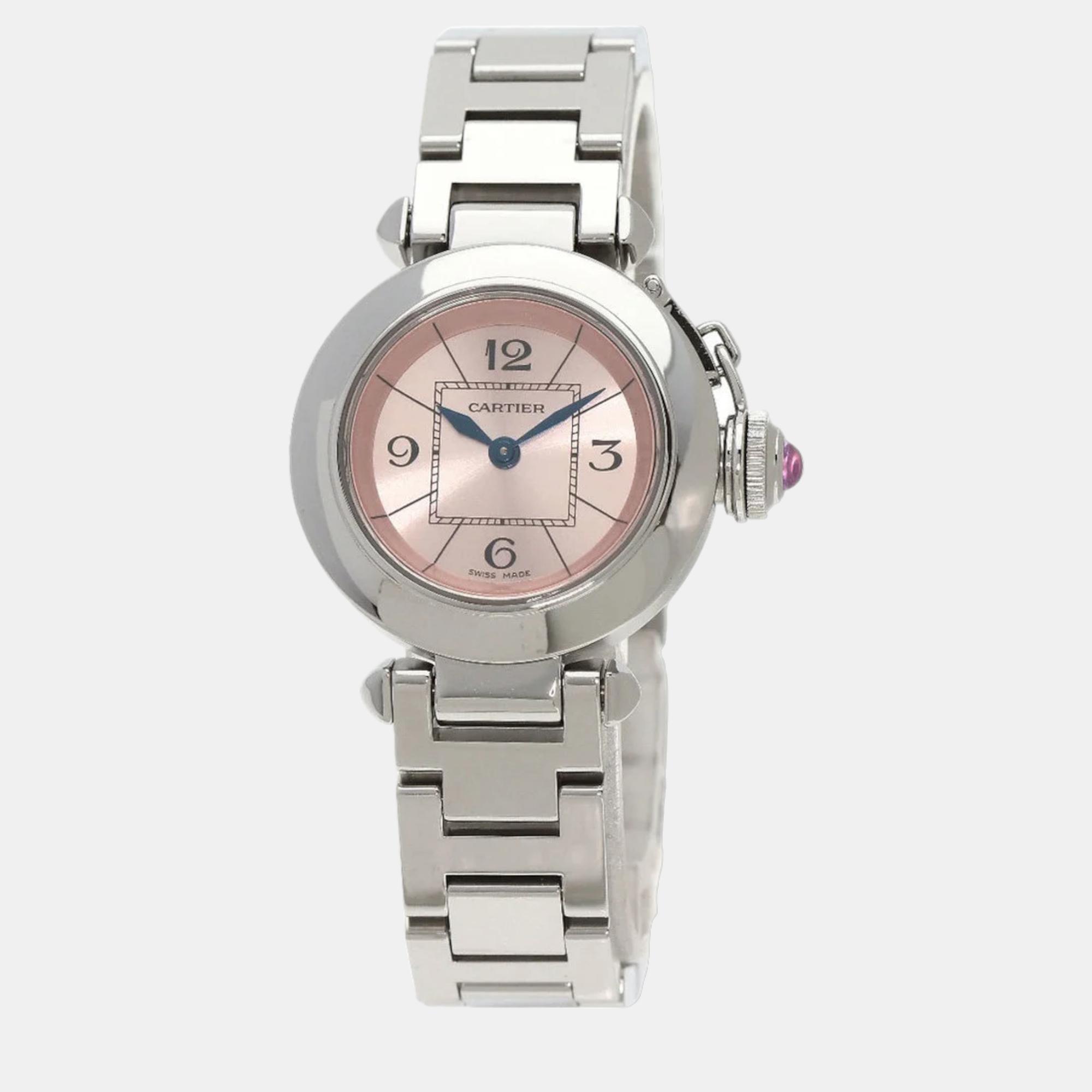 Cartier pink stainless steel miss pasha w3140008 quartz women's wristwatch 27 mm