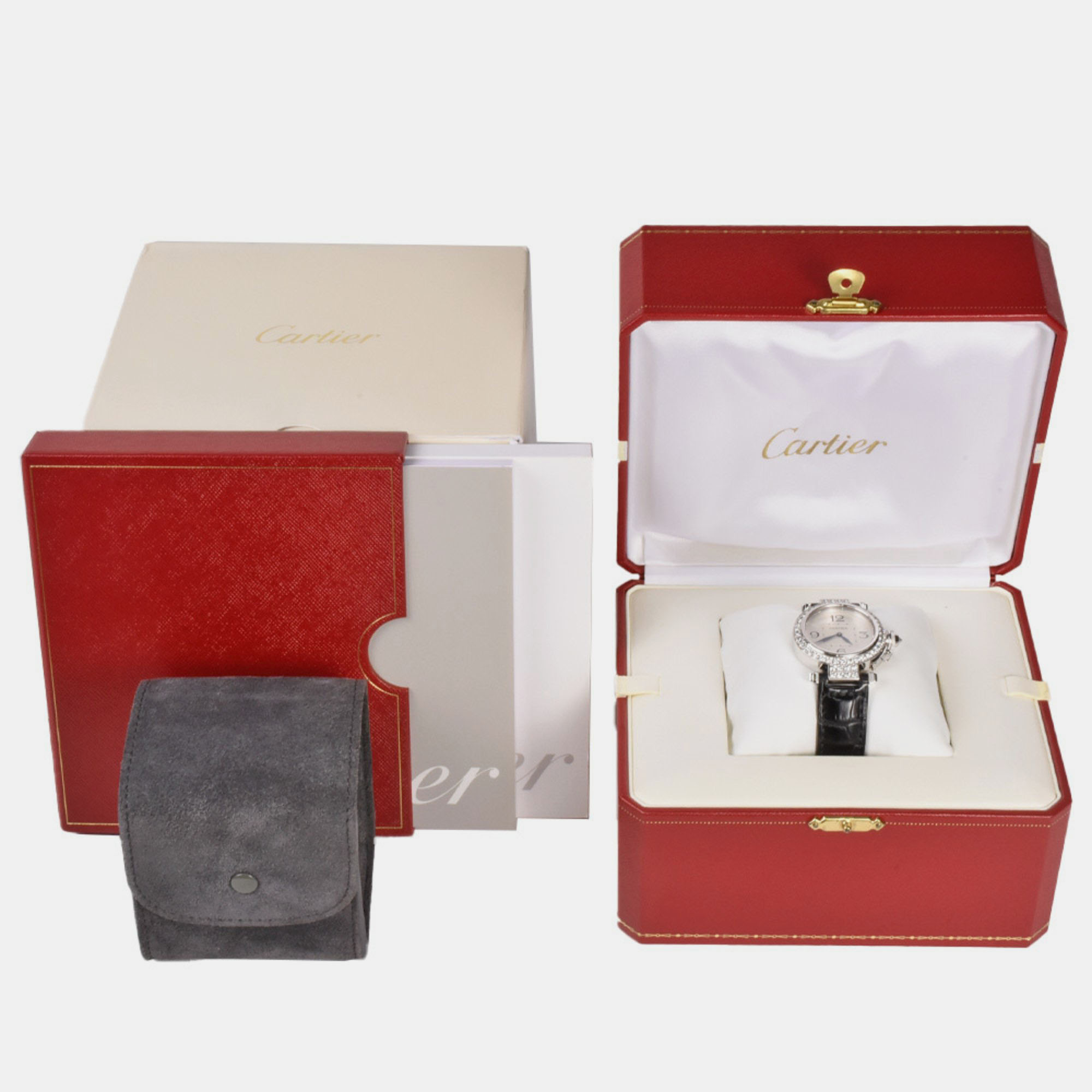 Cartier Silver Diamond 18k White Gold Pasha WJ11922G Quartz Women's Wristwatch 32 Mm