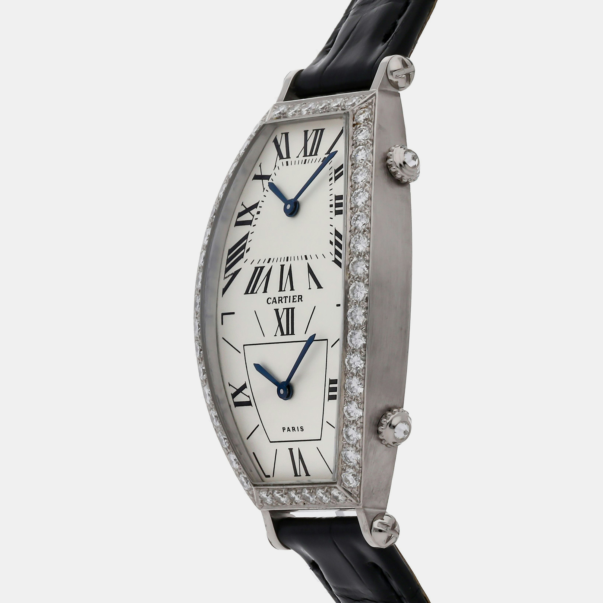 Cartier Silver Diamond 18k White Gold Tonneau WA503351 Quartz Women's Wristwatch 26 Mm