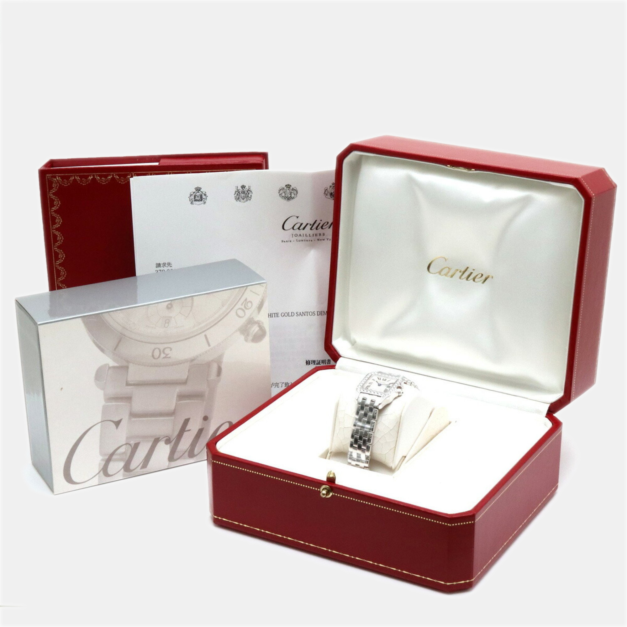 Cartier Silver Diamond 18k White Gold Santos Demoiselle WF9003Y8 Quartz Women's Wristwatch 20 Mm