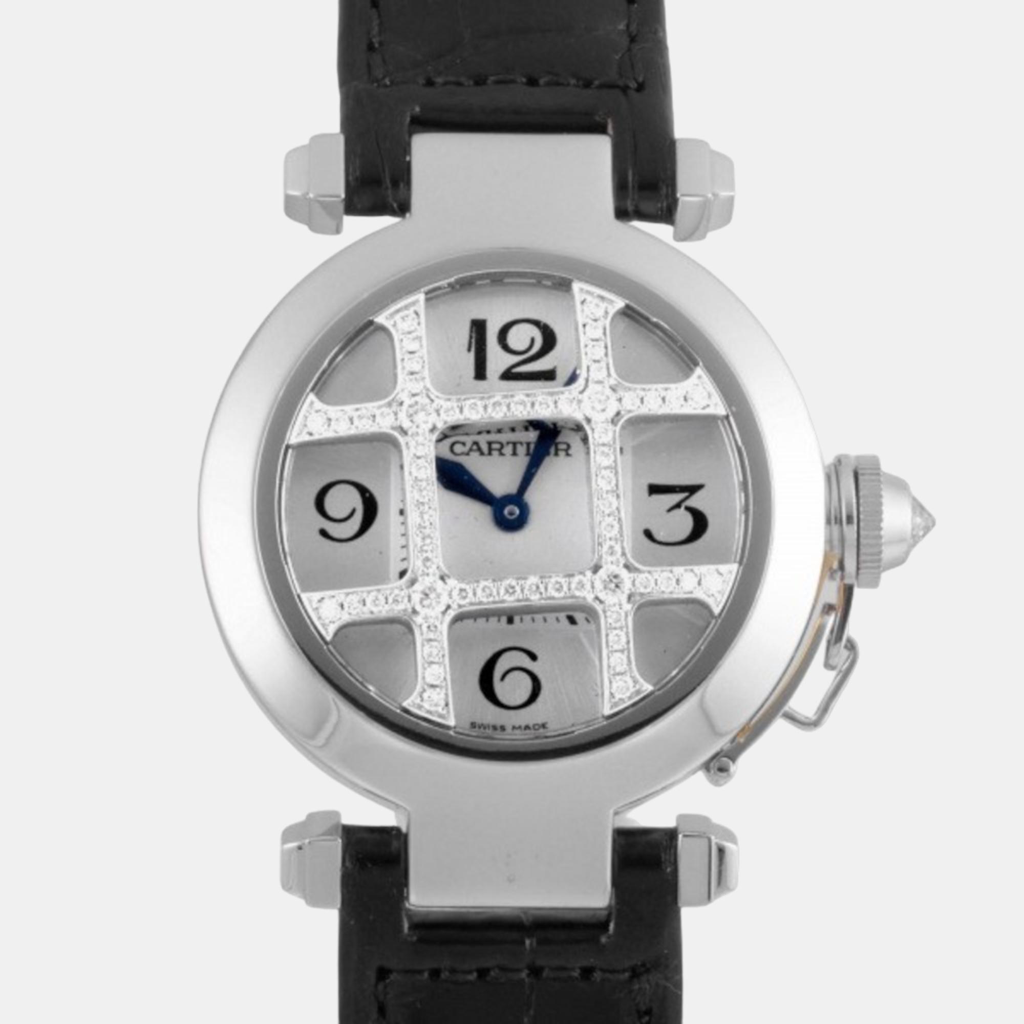 Cartier Silver 18k White Gold Pasha WJ11932G Women's Wristwatch 32 Mm