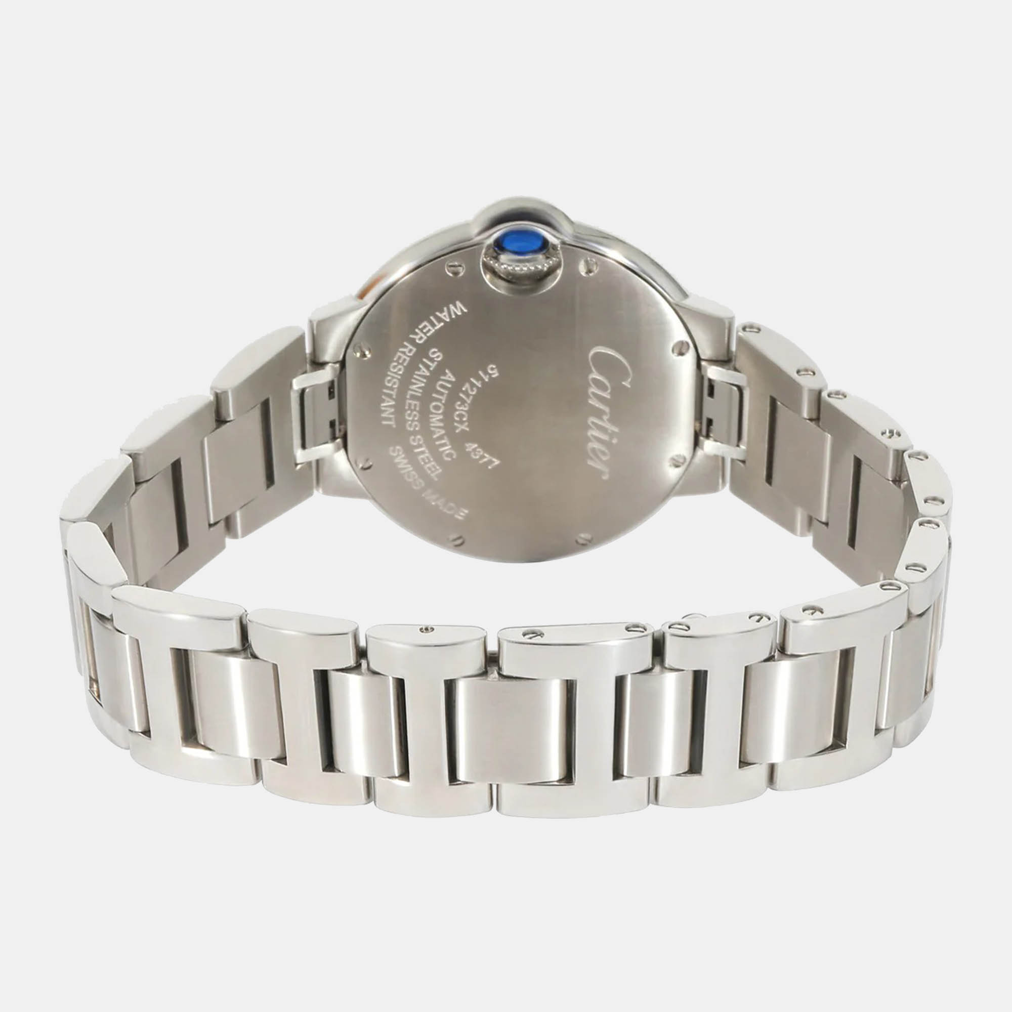 Cartier Silver Diamond Stainless Steel Ballon Bleu W4BB0023 Automatic Women's Wristwatch 33 Mm
