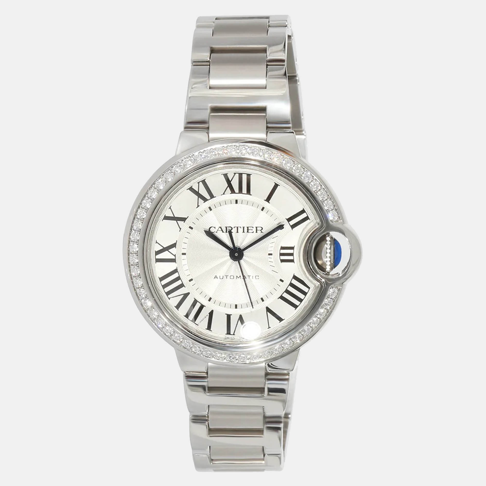 Cartier Silver Diamond Stainless Steel Ballon Bleu W4BB0023 Automatic Women's Wristwatch 33 Mm