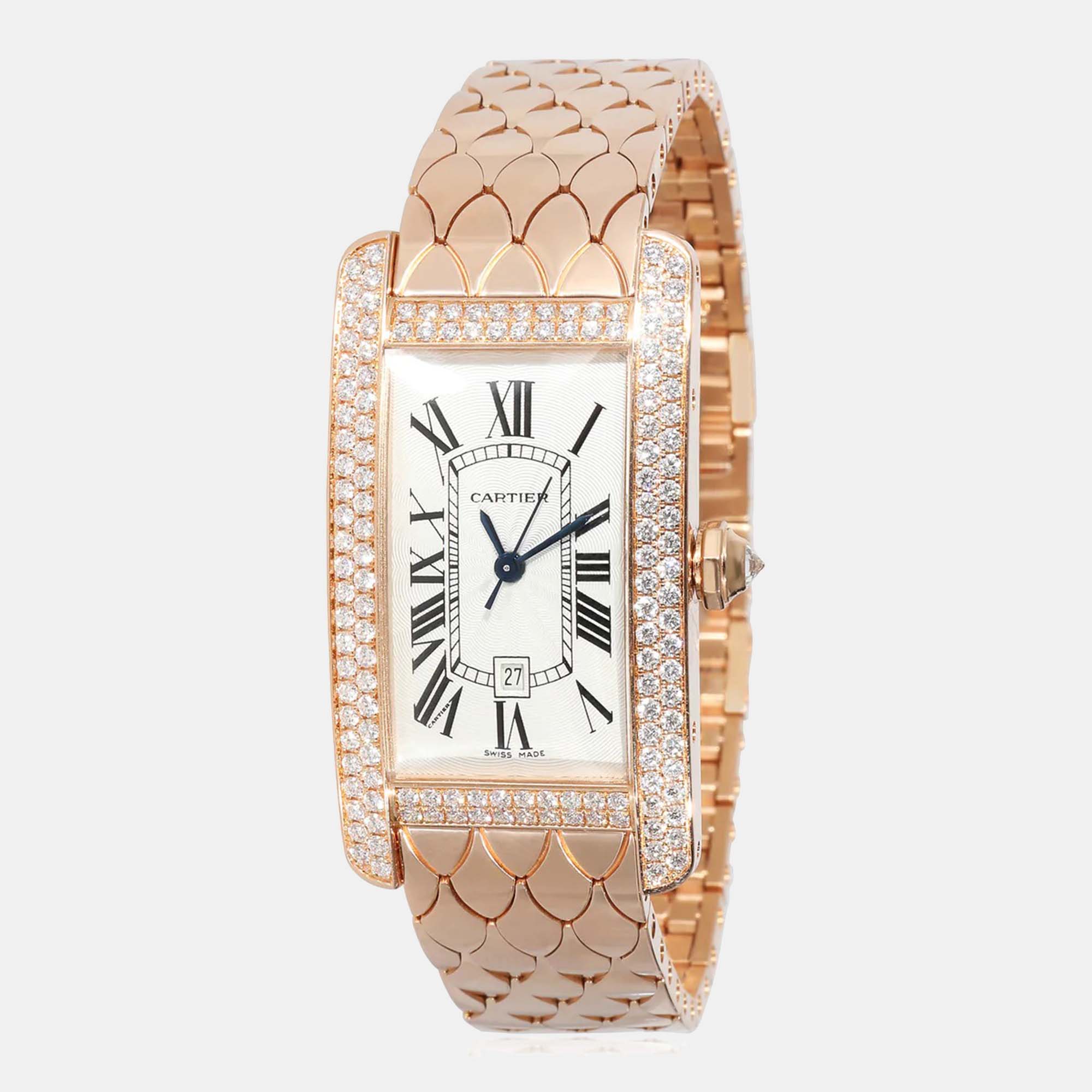 Cartier Silver 18k Rose Gold Tank Americaine WB710010 Automatic Women's Wristwatch 23 Mm