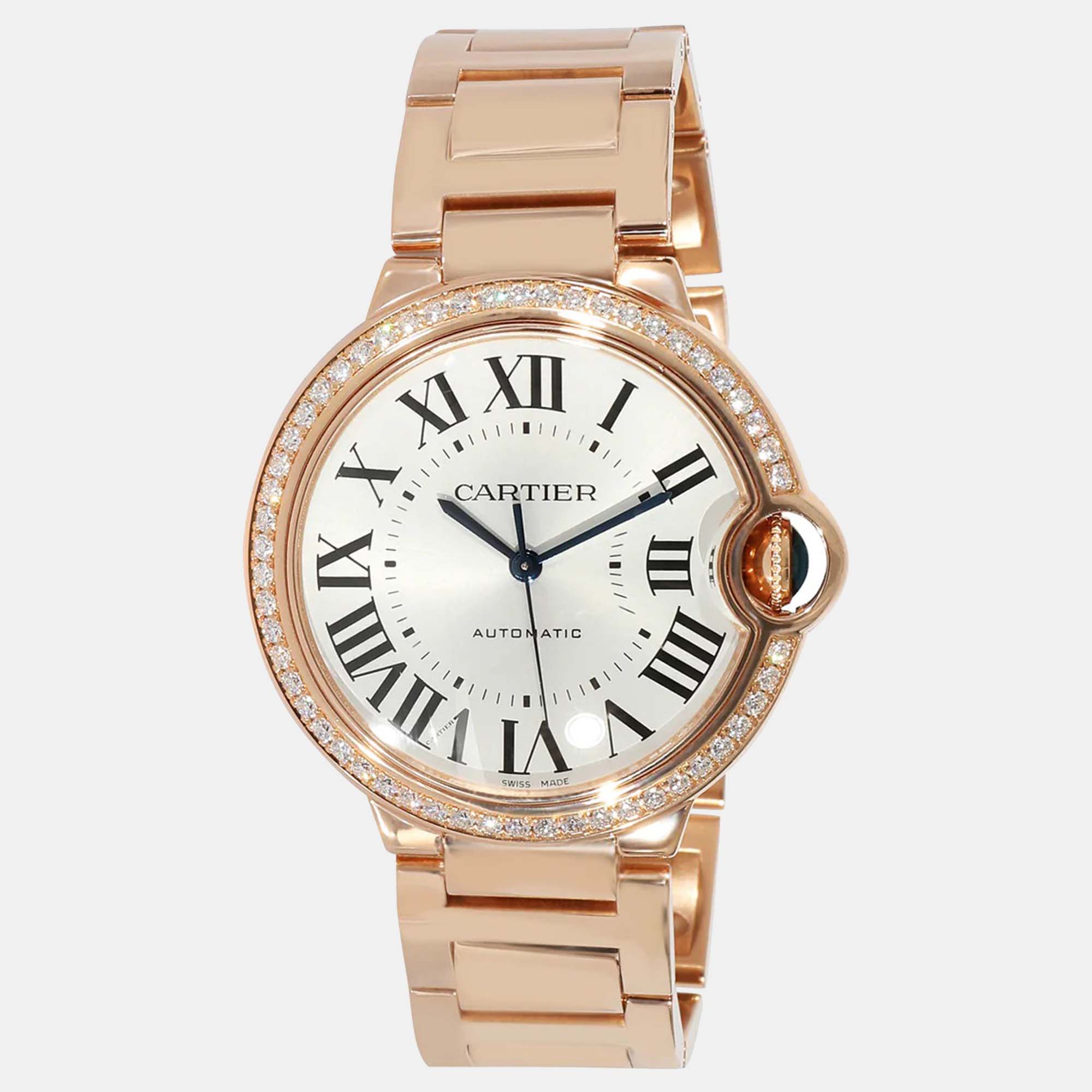 Cartier Silver 18k Rose Gold Ballon Bleu WJBB0037 Automatic Women's Wristwatch 36 Mm