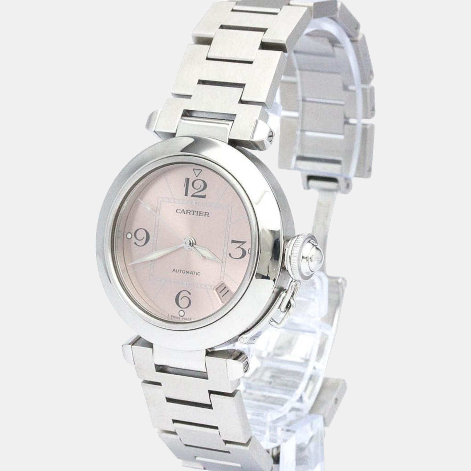 Cartier Pink Stainless Steel Pasha C De Cartier W31075M7 Automatic Women's Wristwatch 35 Mm